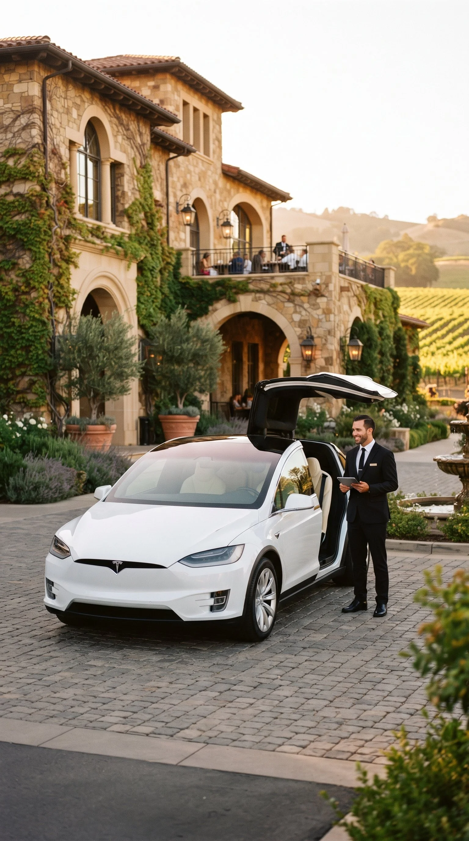 A man in a black suit and tie is standing outside a white Tesla with the trunk open, holding a tablet, in front of a large stone house with a balcony and outdoor seating, landscaped with trees and shrubs, in the late afternoon or early evening.