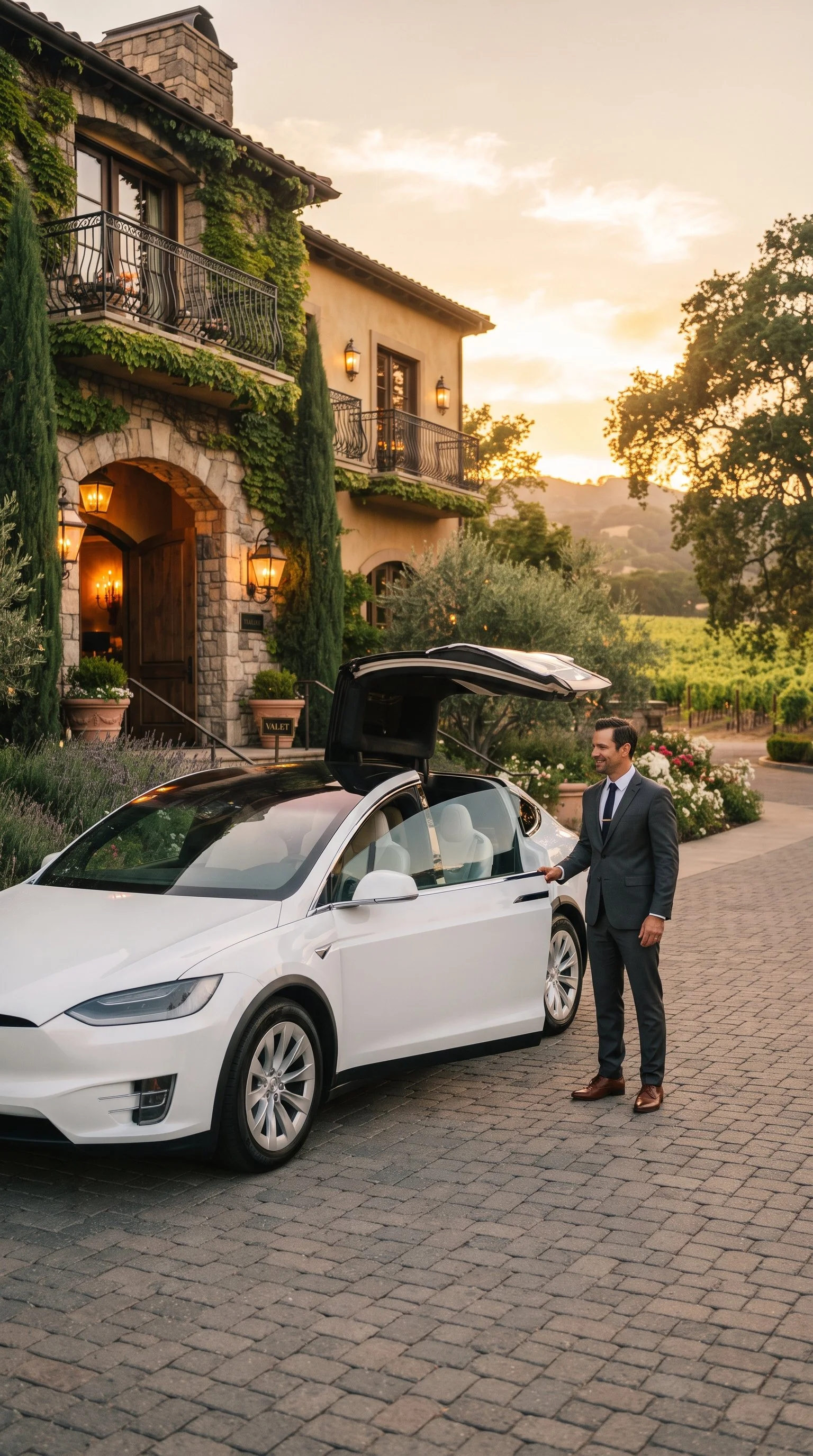 A man in a suit standing next to a white Tesla car with the trunk open, in front of a large house with stone and stucco exterior and greenery, during sunset.