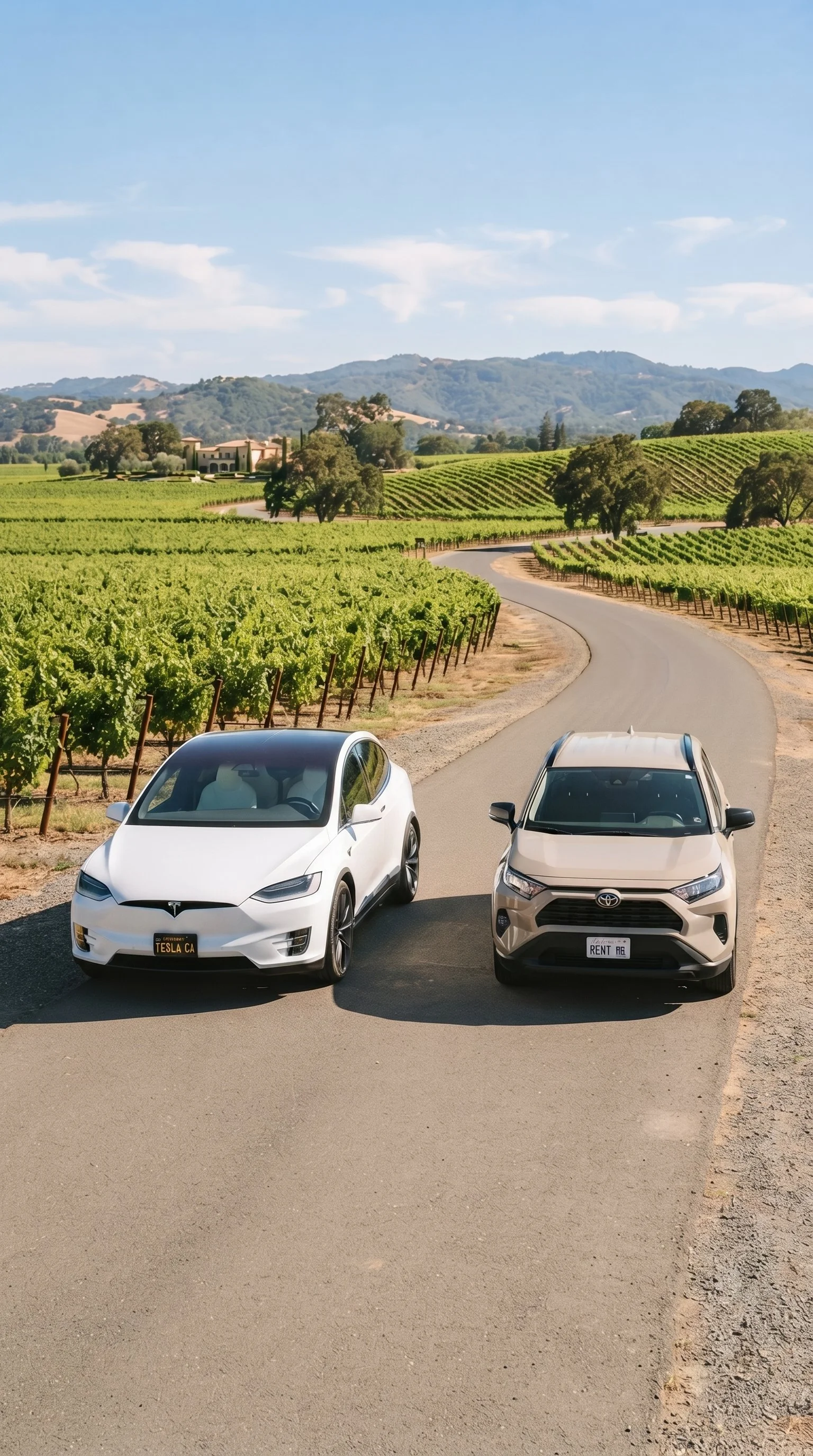 Two parked cars on a dirt road overlooking a vineyard with rolling hills in the background under a blue sky.