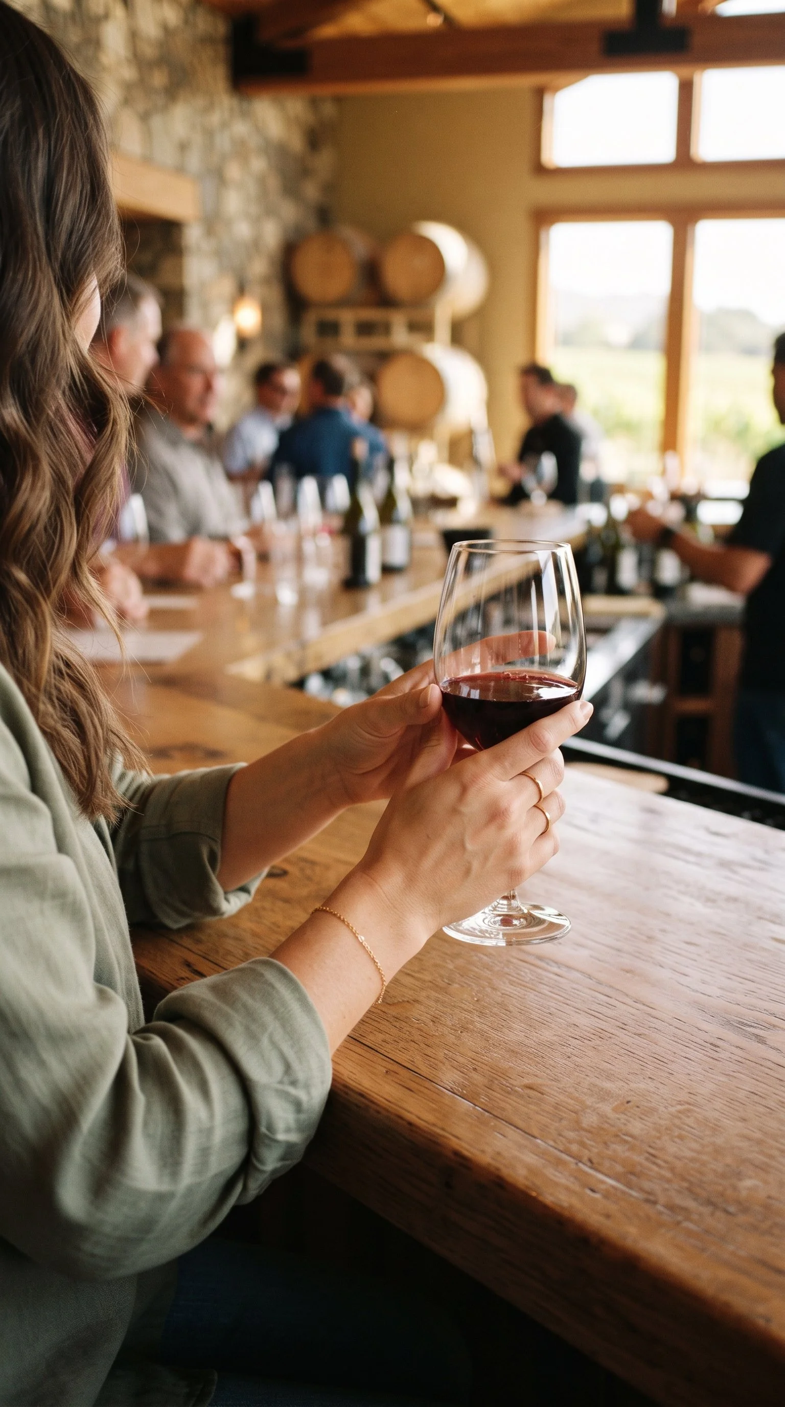 A woman holding a glass of red wine at a winery tasting room, with a group of people in the background and large wine barrels on the wall.