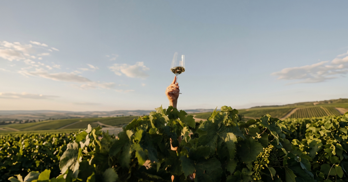 Hand raising a glass of white wine above lush grapevines, with rolling vineyard hills under a golden-hour sky in Napa Valley wine country