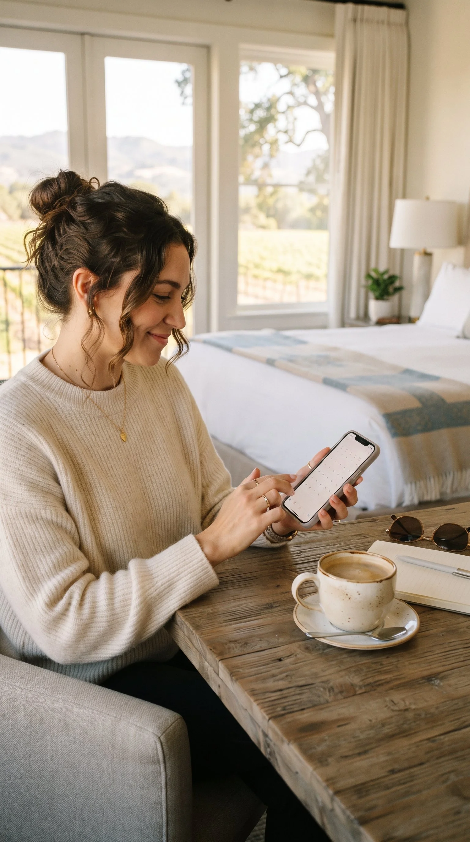 A woman with curly hair tied up, wearing a beige sweater, sitting at a wooden table and using her smartphone. On the table, there is a coffee cup on a saucer, a pair of sunglasses, a notebook with a pen, and a small green plant in the background. The room is bright with large windows and light-colored curtains.