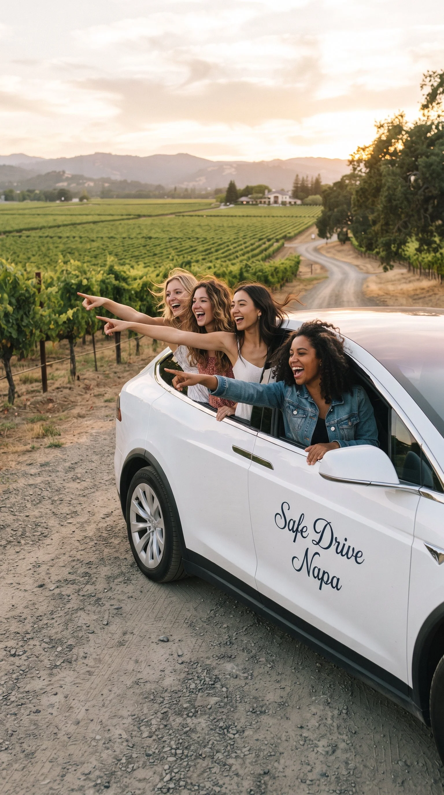 Four women enjoying a day at a vineyard in Napa, with a white car that has 'Safe Drive Napa' written on the side. They are leaning out of the car windows, smiling and pointing towards the vineyard landscape.