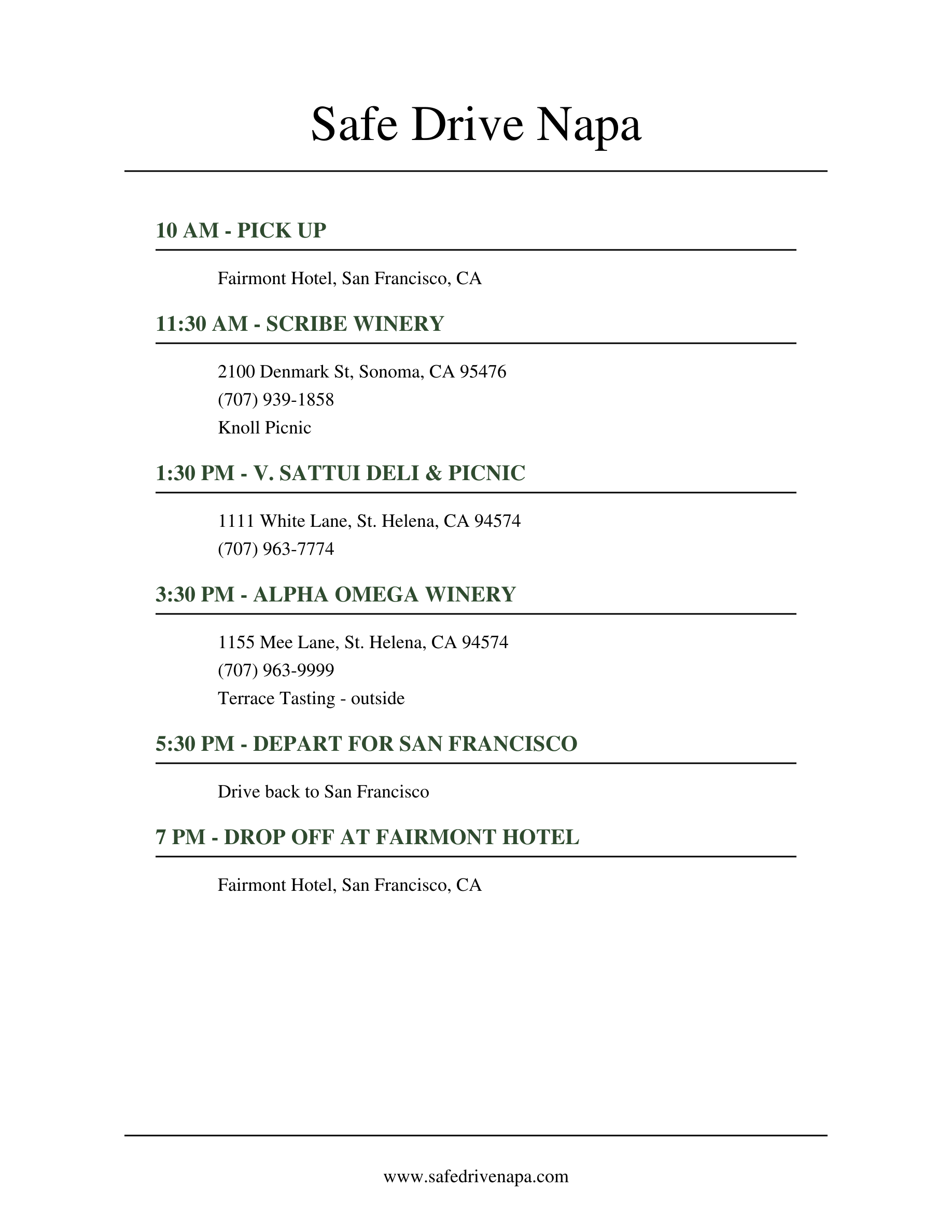 San Francisco to Napa Valley day trip itinerary by Safe Drive Napa with Scribe Winery, V. Sattui and Alpha Omega