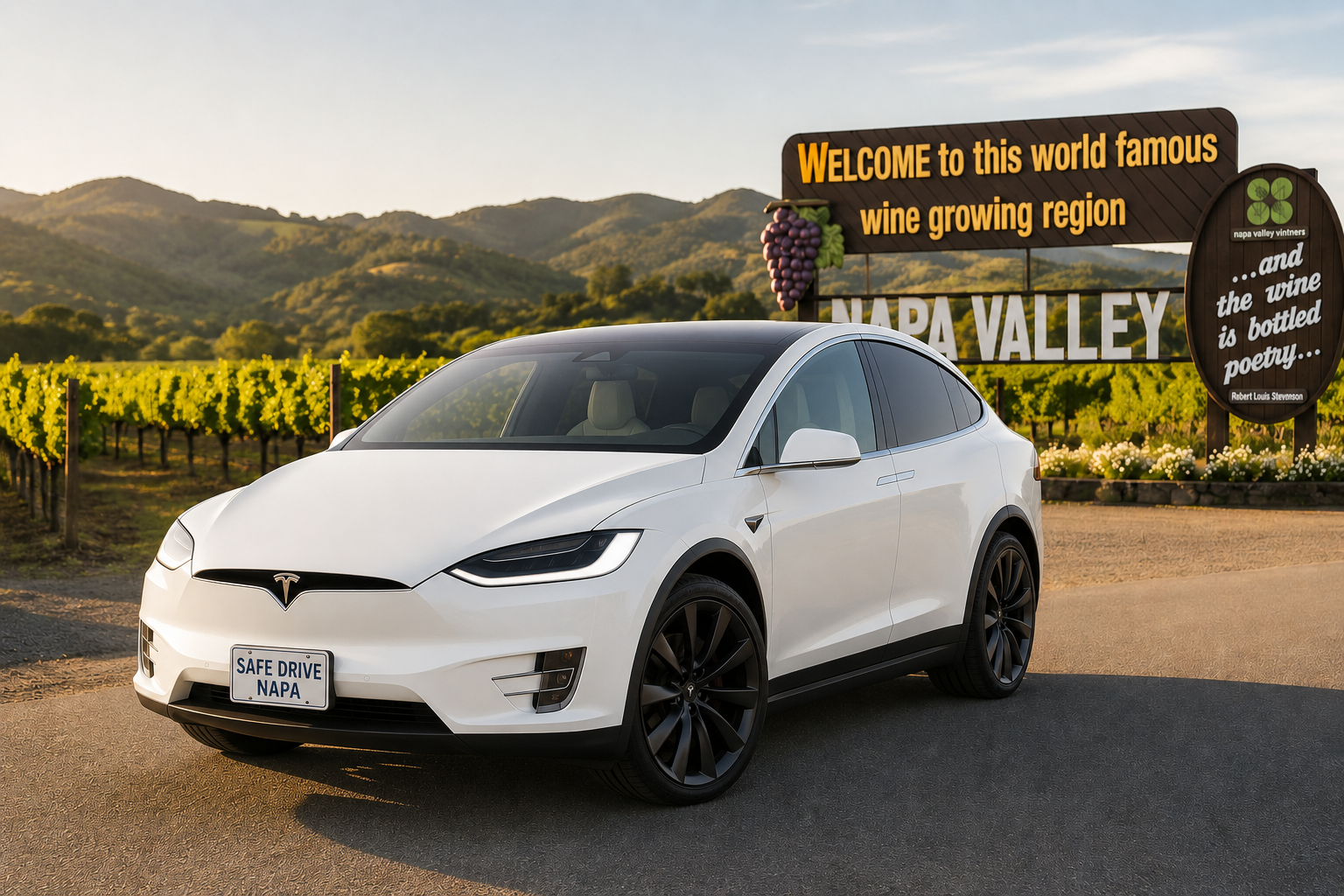 Safe Drive Napa's white Tesla Model X parked in front of the iconic Napa Valley welcome sign, available for $120/hour wine tour transportation.