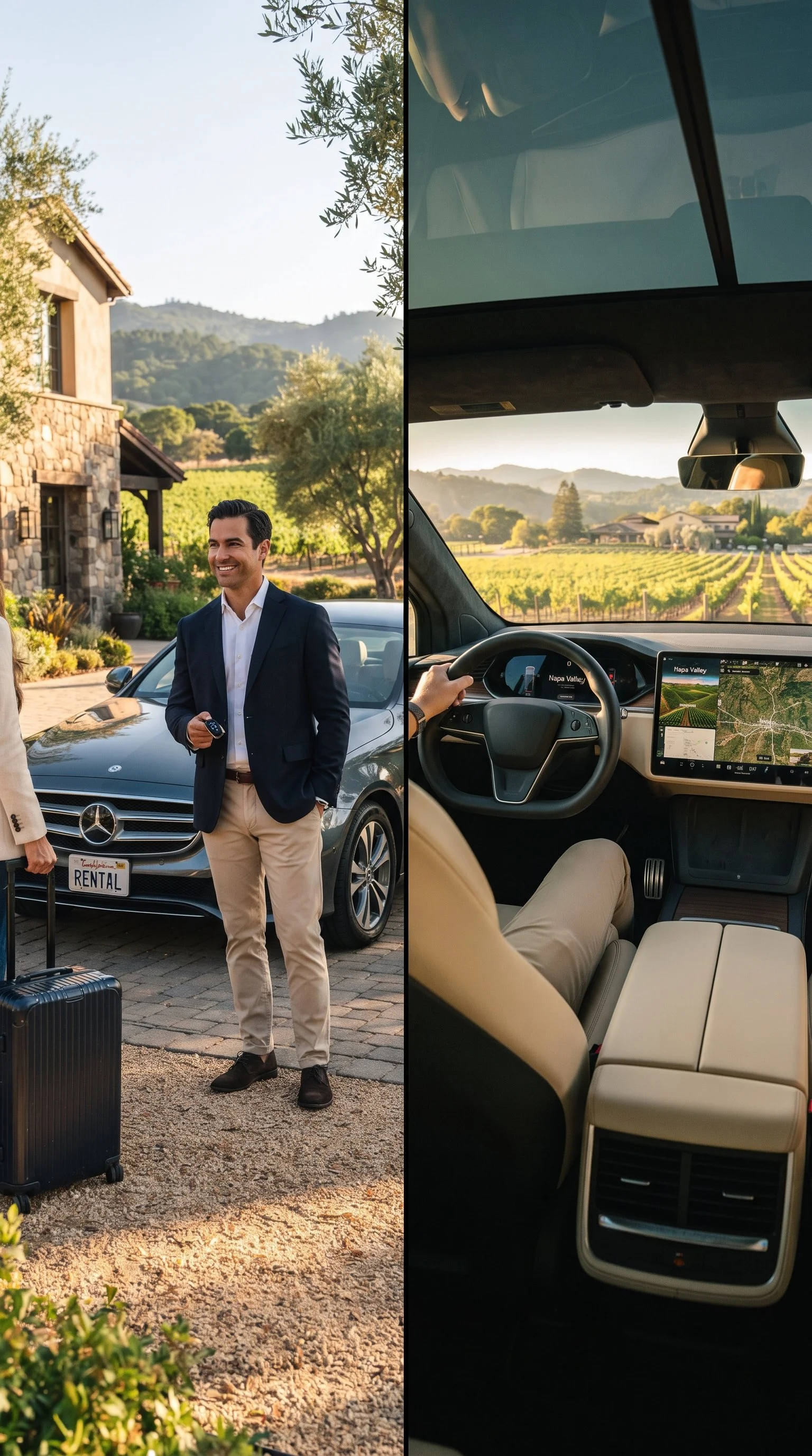 Photo split into two parts: The left shows a smiling man in business attire standing outdoors next to a black Mercedes-Benz rental car, holding a car key, with a scenic background of hills, trees, and a house. The right shows the interior of a car with a driver holding the steering wheel, displaying a dashboard with a navigation screen and a view of a rural landscape through the windshield.