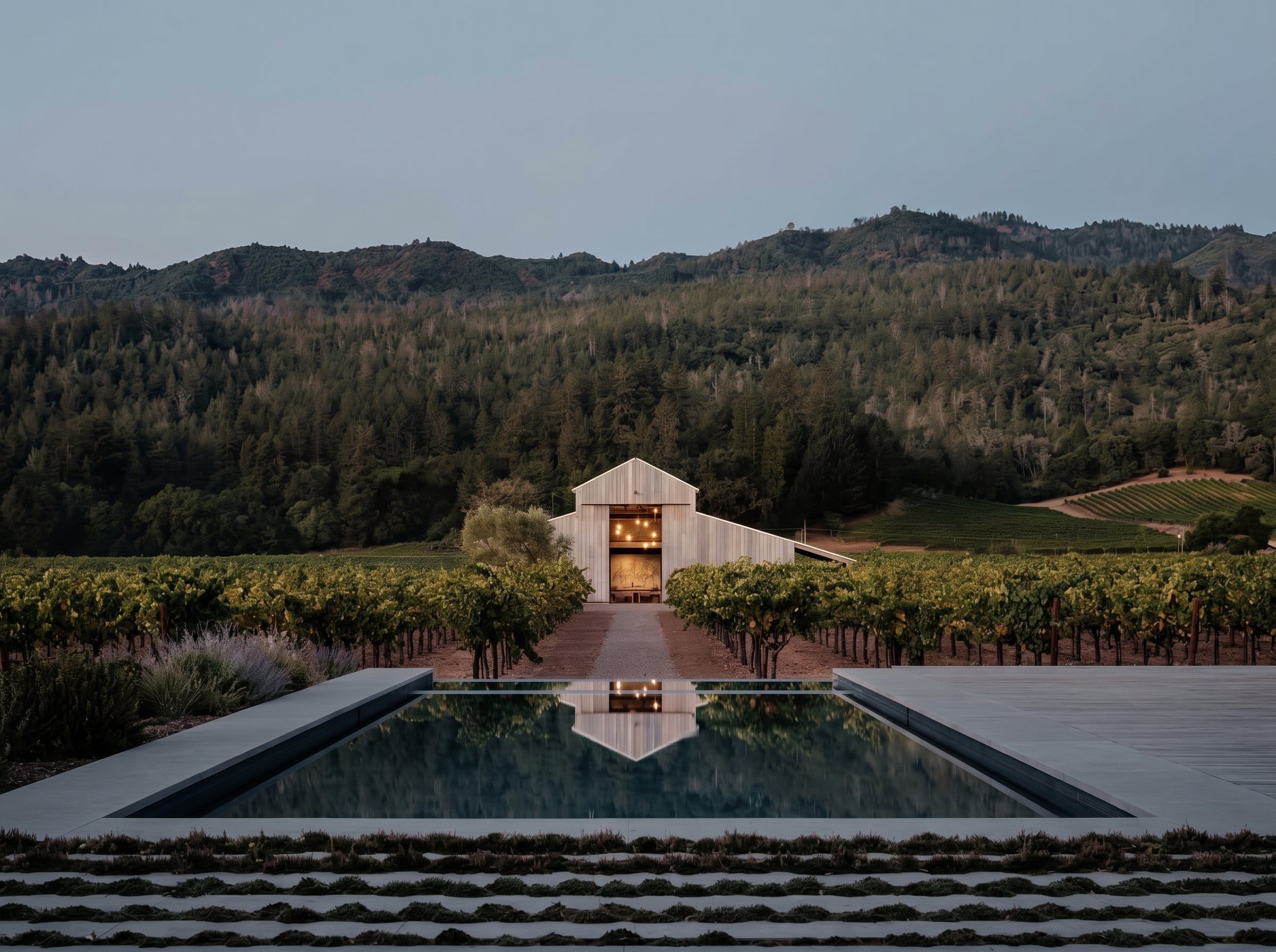 Luxury Napa Valley wine country estate with vineyard views and infinity pool at twilight