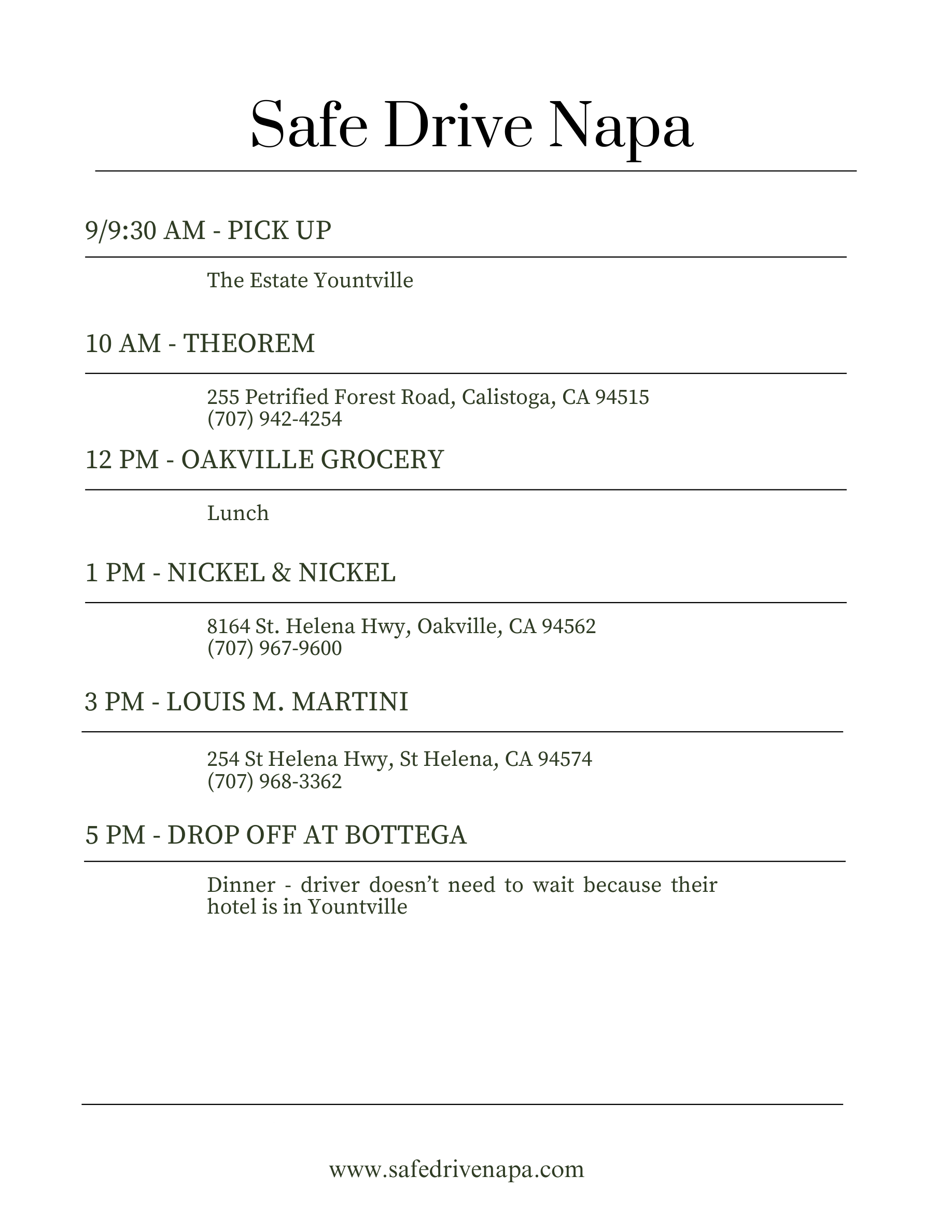 Napa Valley couple's getaway itinerary by Safe Drive Napa with Theorem, Oakville Grocery, Nickel & Nickel, Louis M. Martini and Bottega