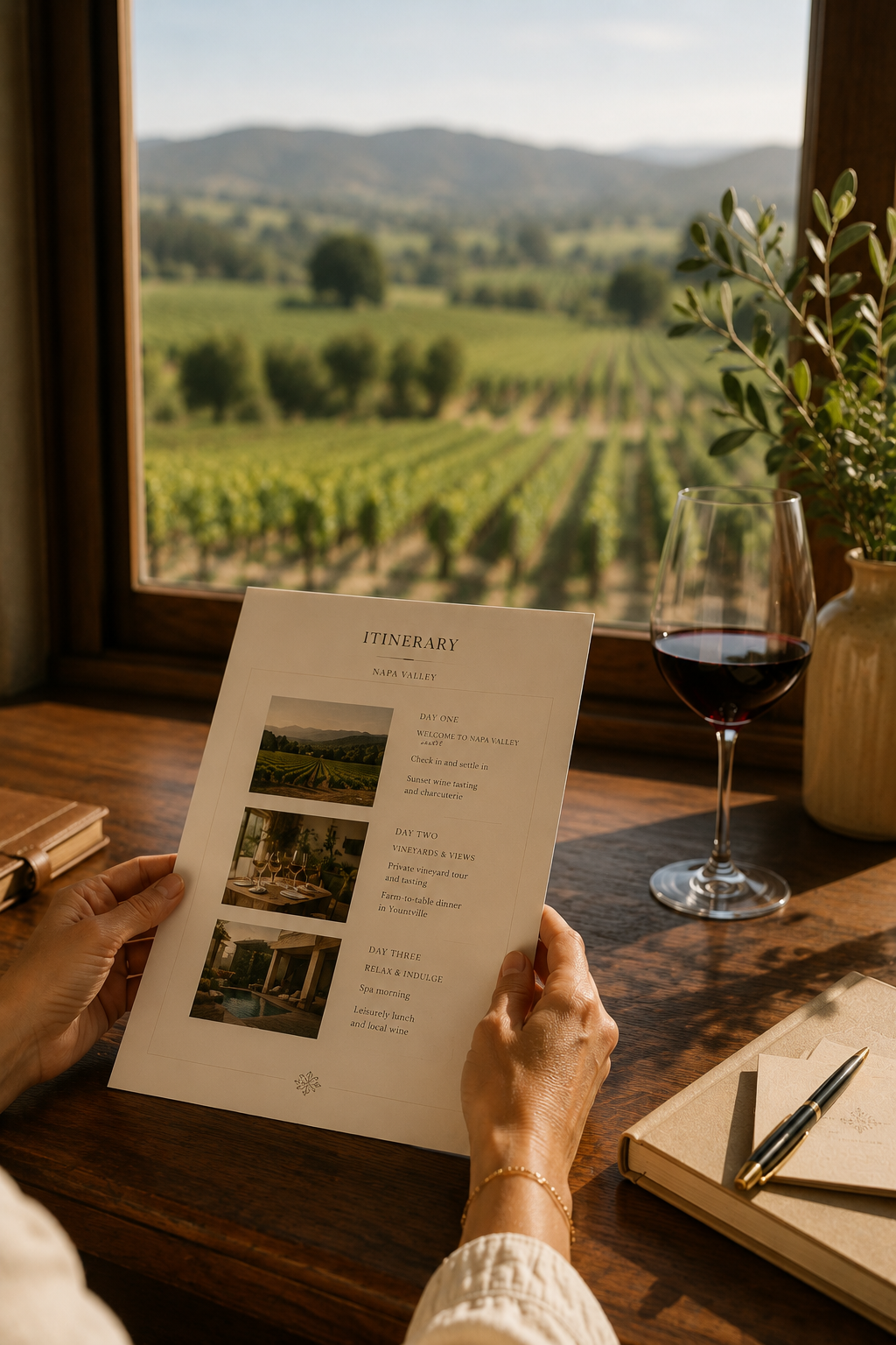 Person holding an itinerary with a vineyard view in the background, a glass of red wine, a potted plant, a notebook, and a pen on the wooden table.