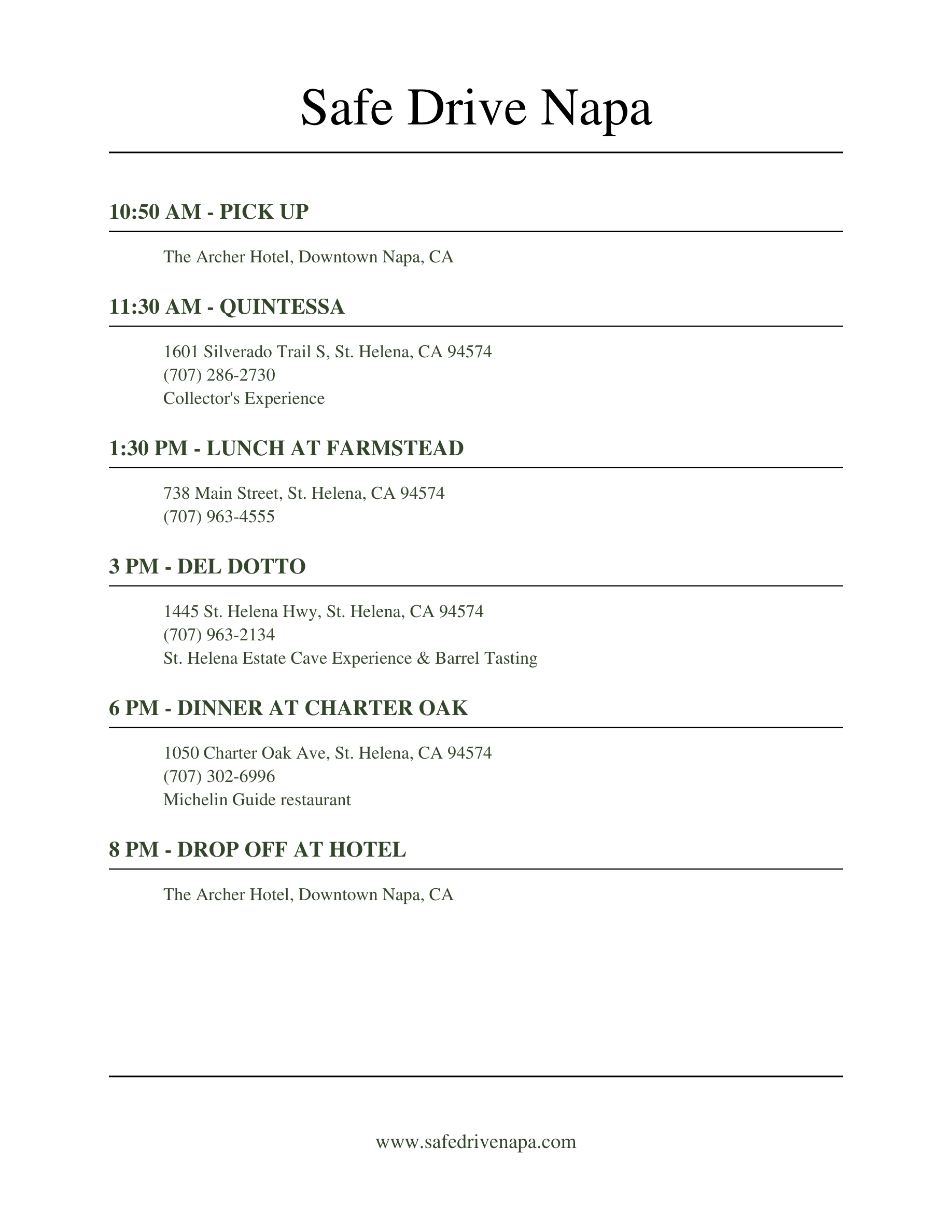 Day 2 ultra luxury Napa Valley itinerary by Safe Drive Napa with Quintessa, Farmstead, Del Dotto cave tasting and dinner at Charter Oak