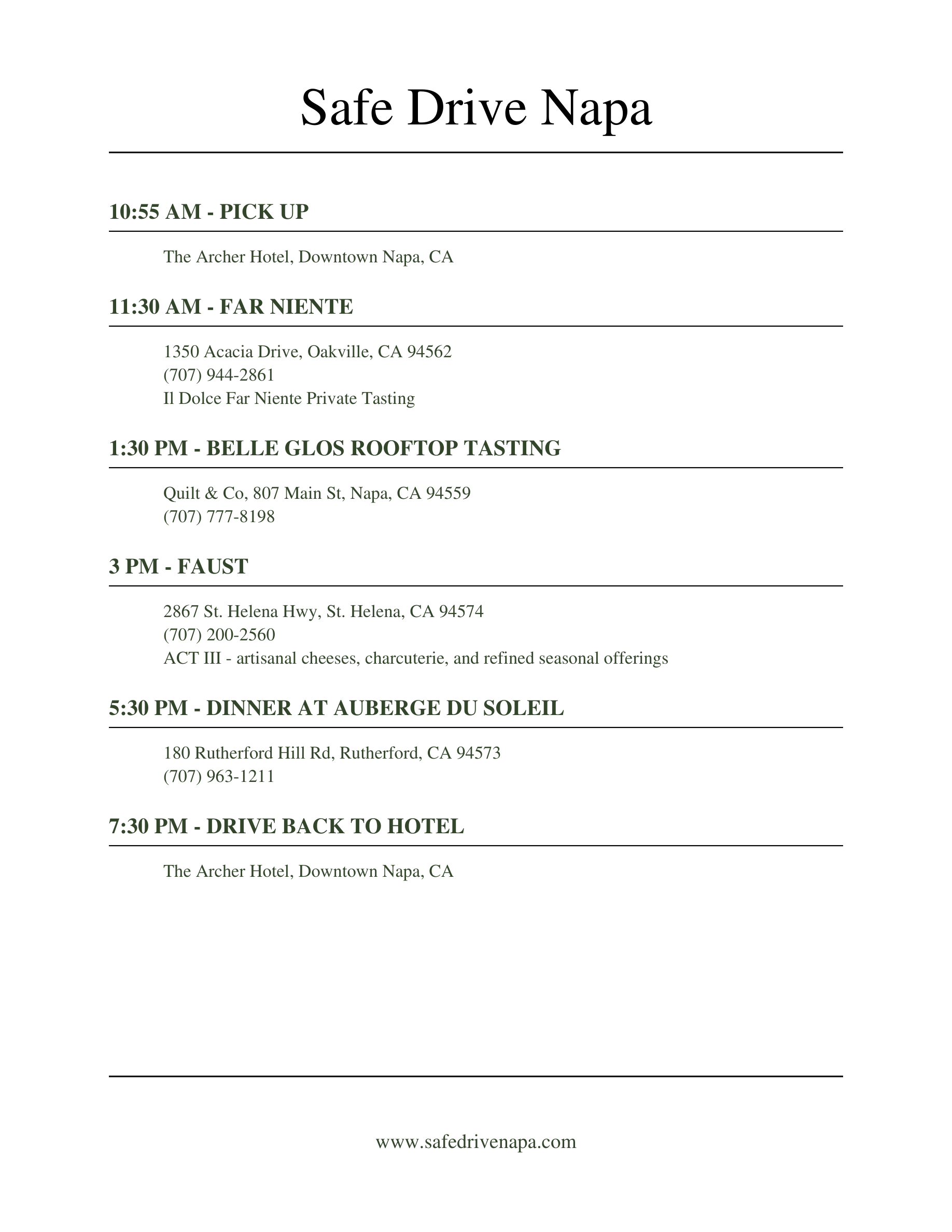 Day 1 ultra luxury Napa Valley itinerary by Safe Drive Napa with Far Niente, Belle Glos rooftop tasting, Faust and dinner at Auberge du Soleil