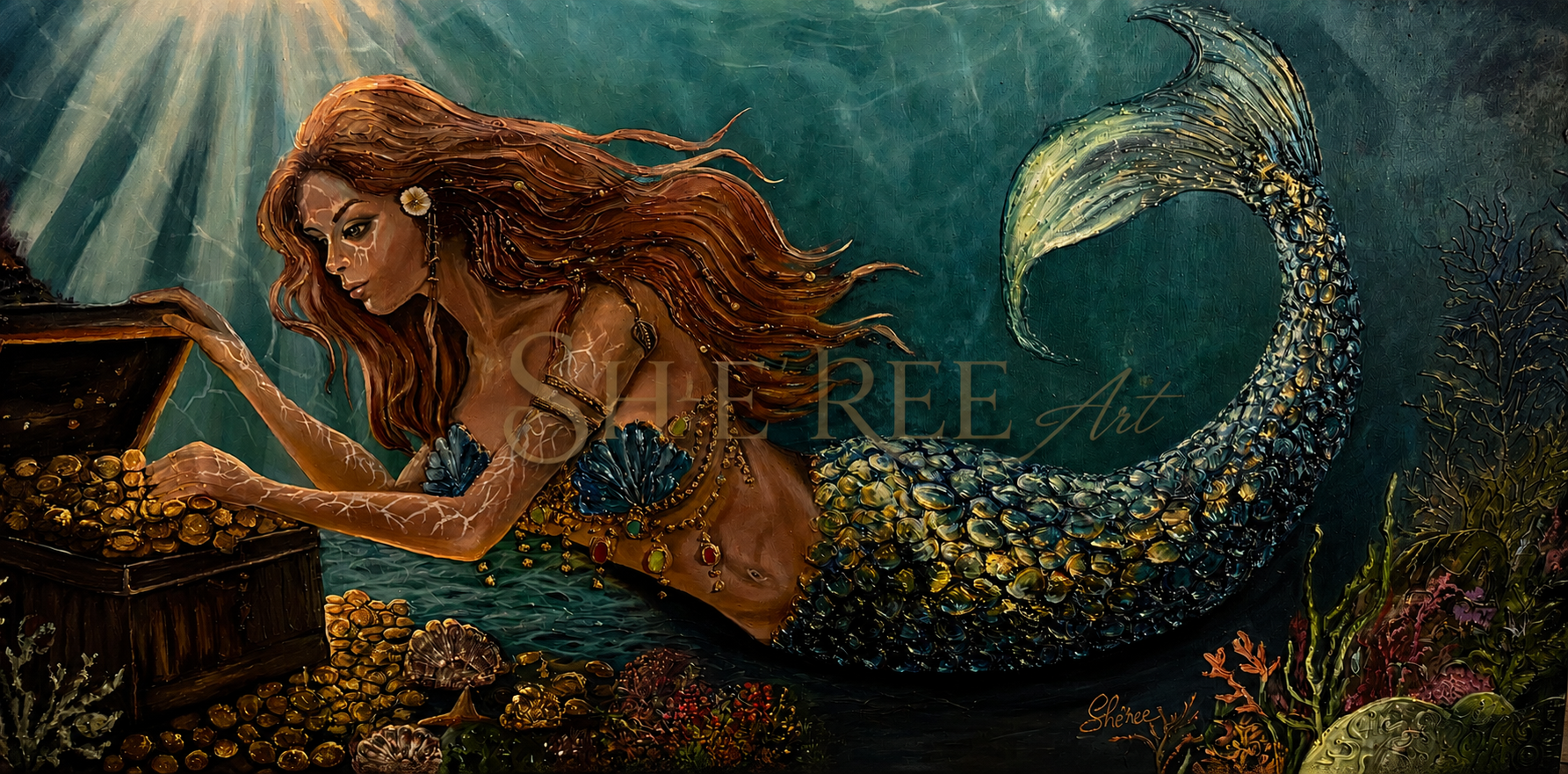 Original textured mermaid painting by Pamela She’ree Jackson (SHE’REE Art), inspired by the Gulf Coast and coastal imagination.
