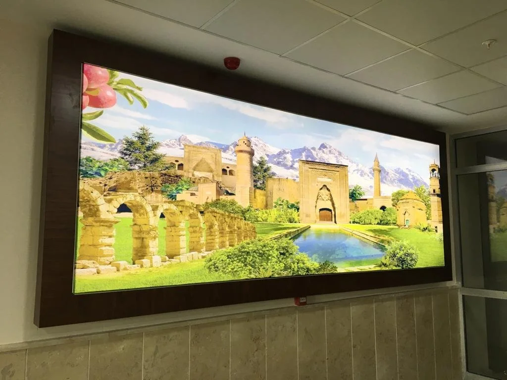 Bir duvarın üzerindeki çerçevede Orta Doğu mimarisine ait taş yapılar, minareler ve bir göletle çevrili bahçelerin resmi.