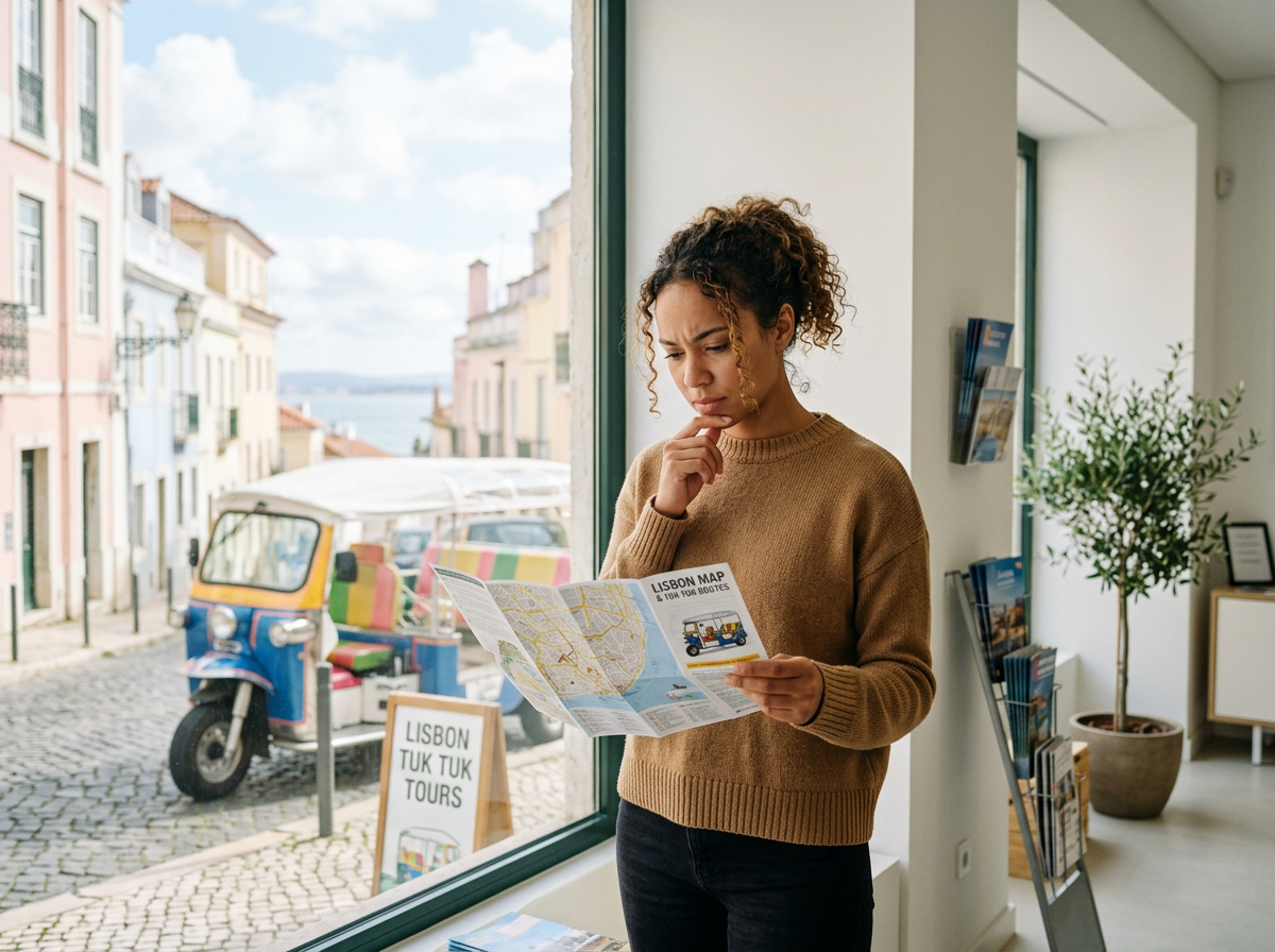 A woman stands inside a building near a large window, looking at a map titled 'Lisbon Map & Tour for Boats' with a thoughtful expression, and an tuk tuk vehicle is parked outside on the street.