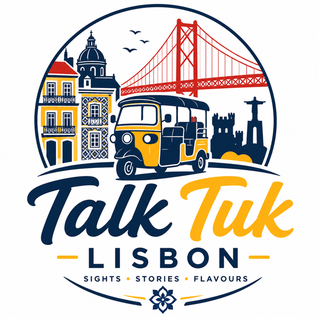 Graphic logo of Lisbon featuring a tuk-tuk in front of a bridge, historic buildings, and city skyline, with the text 'Talk Tuk Lisbon' and the tagline 'Sights, Stories, Flavours'.