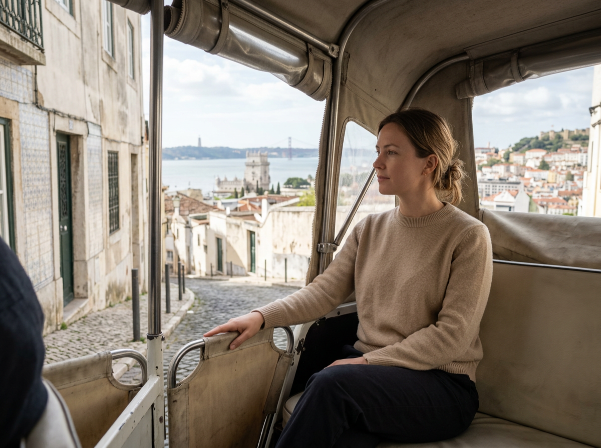 A woman sits on a vintage vehicle, looking out at a hilly cityscape with a river and a bridge in the distance.