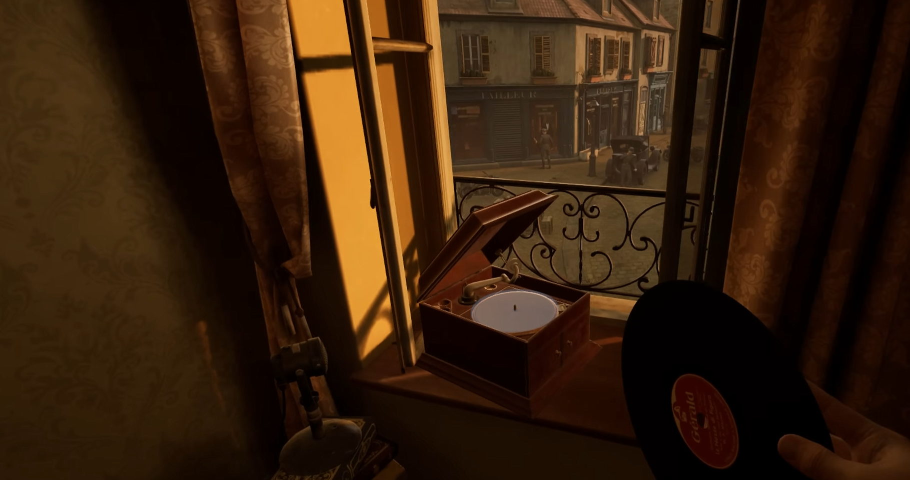 Screenshot of Belle du Coin level. Player is using record player to signal French resistance.