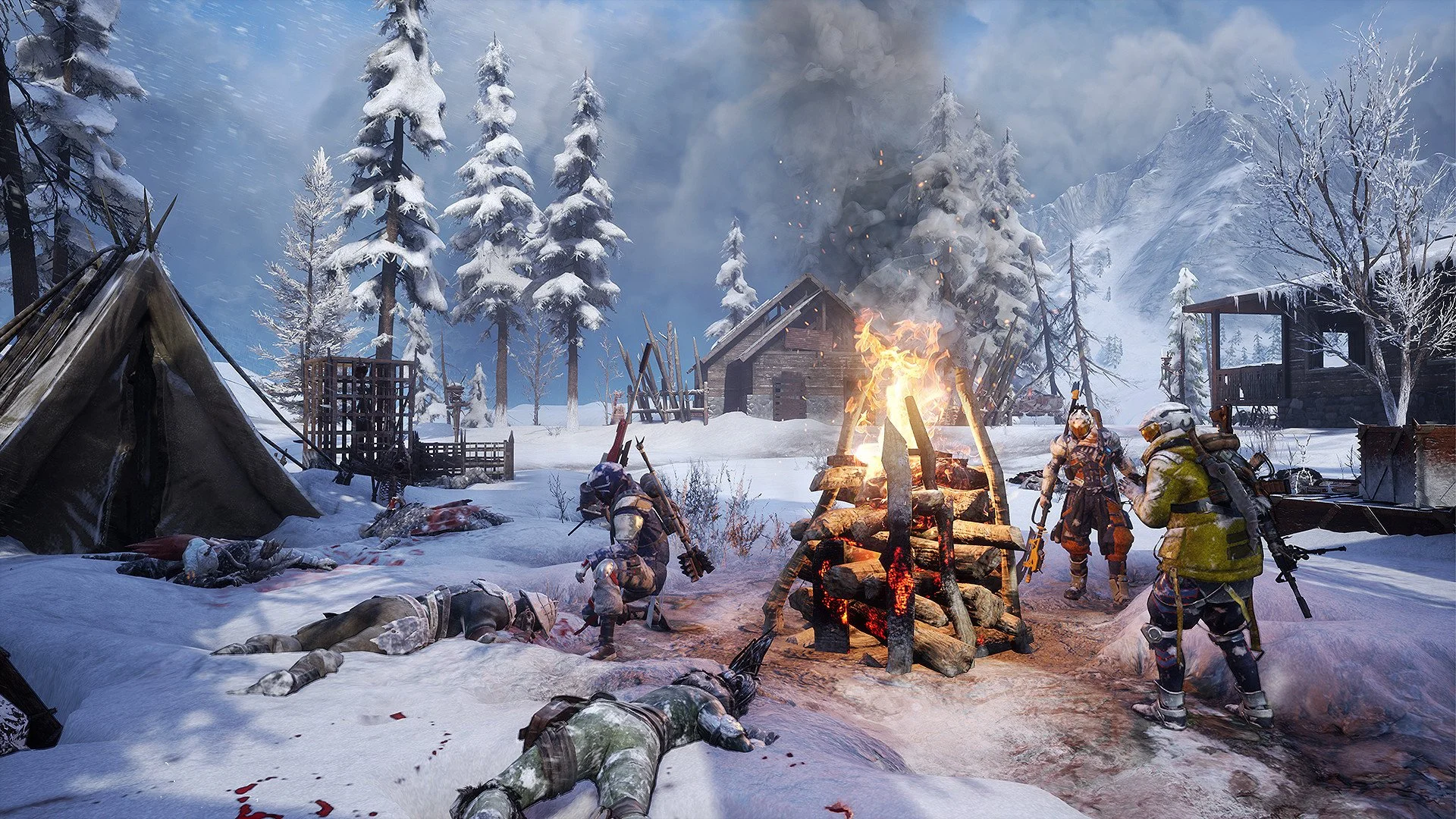 Screenshot of Scavengers huddling around a campfire.