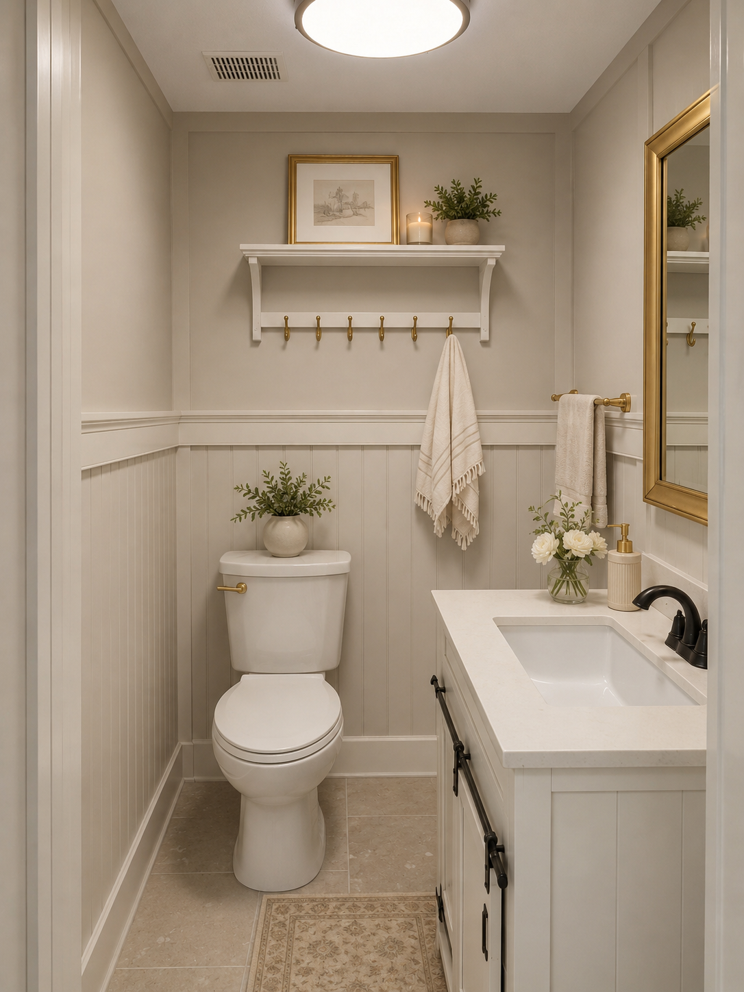 Small bathroom with white wainscoting, a white toilet with a potted plant on top, a white vanity with a white sink, black faucet, and a soap dispenser, a gold-framed mirror, a gold towel bar with a beige towel, a wall-mounted shelf with hooks, a fram