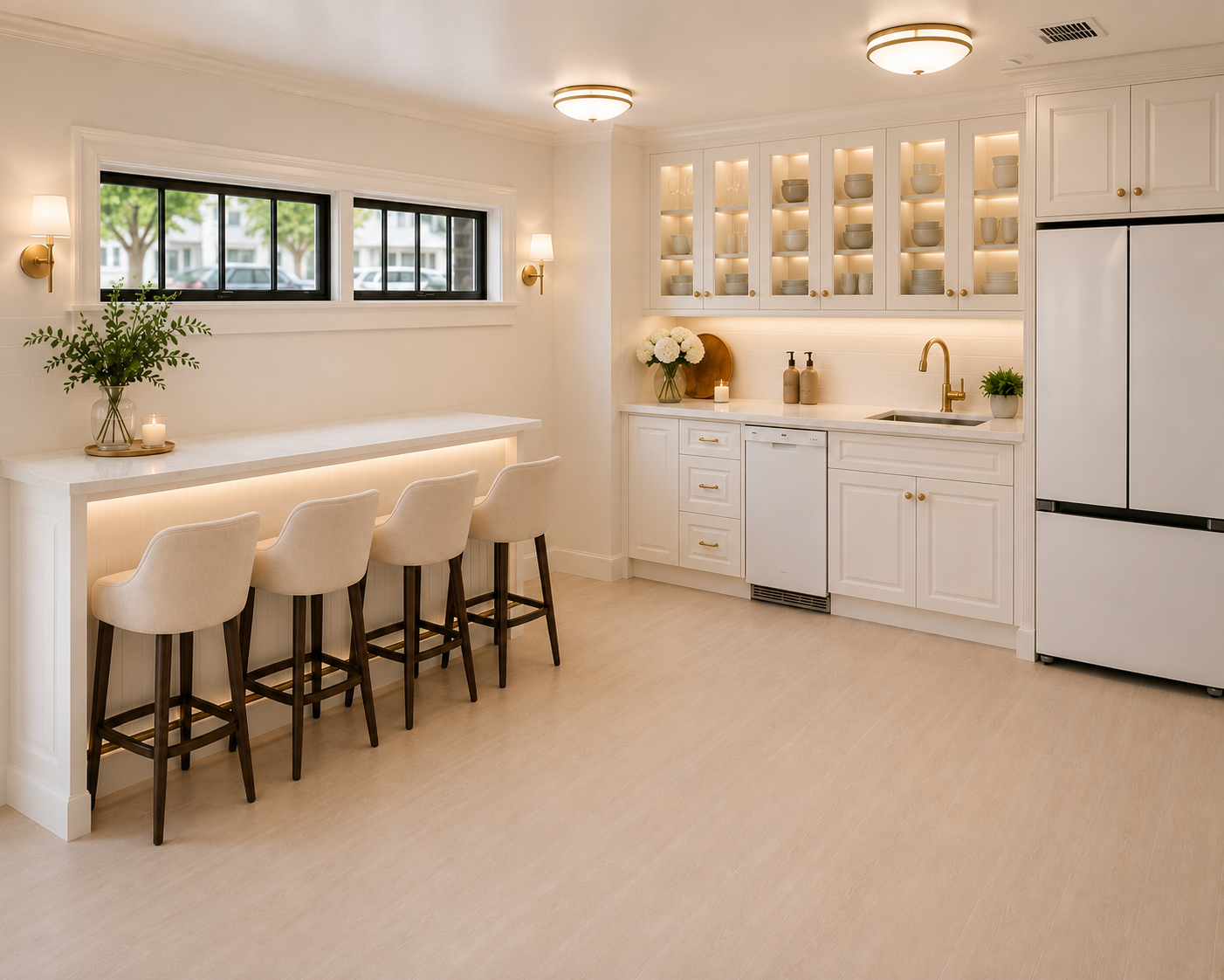 A bright, modern kitchen with white cabinets, a white refrigerator, and gold hardware. There is a built-in glass-front cabinet displaying dishes, a small sink with a gold faucet, and a counter with decorative items. Three beige barstools line a white