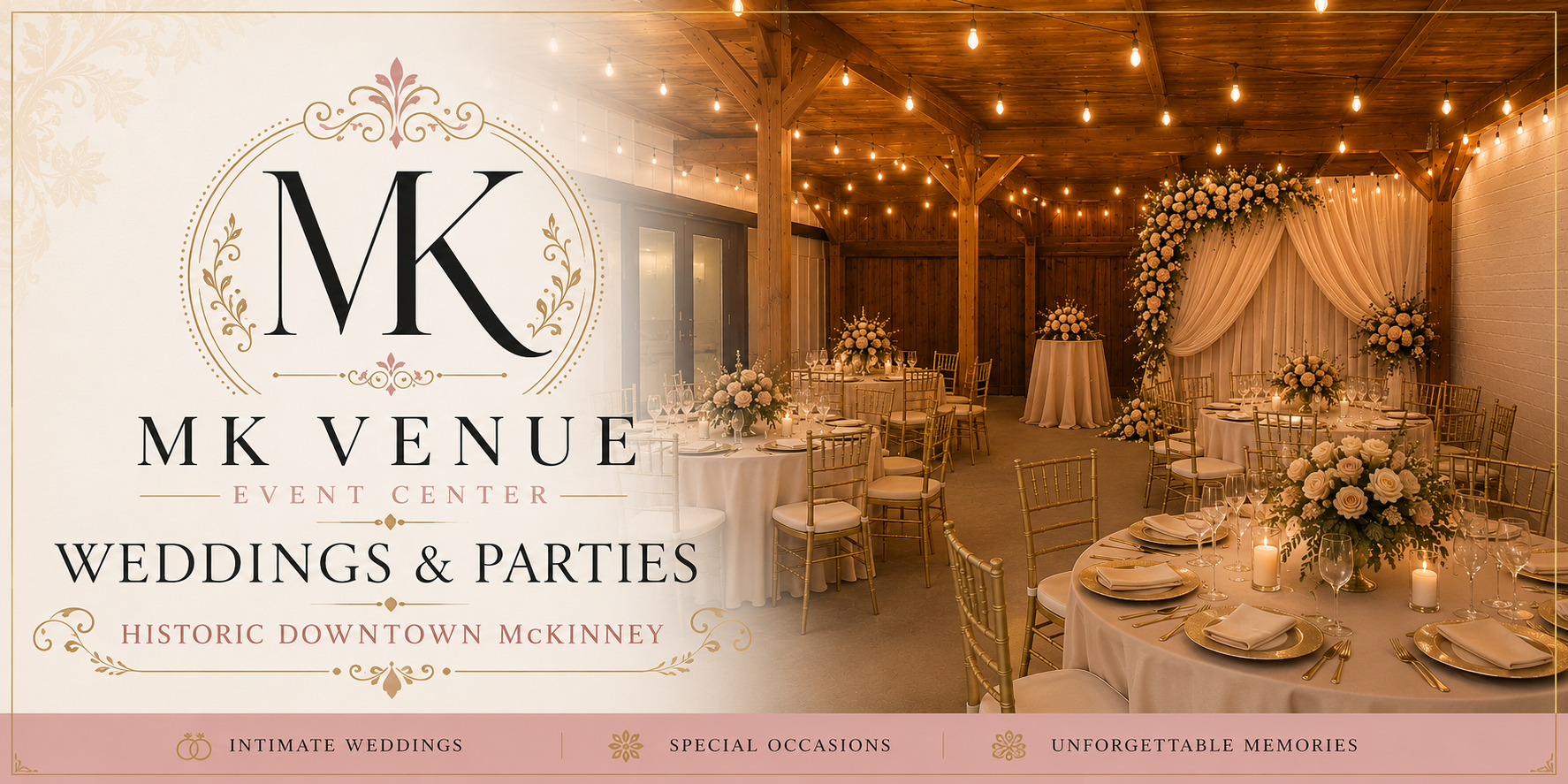 Event center decorated for a wedding with round tables draped in white cloths, elegant gold chairs, and floral centerpieces. The space features warm wooden walls and ceiling with string lights creating a cozy ambiance. An arch of white flowers and draped fabric is situated at the back of the room.