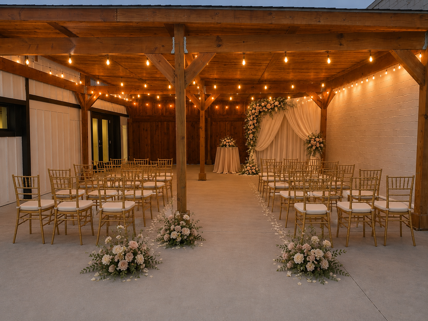 Wedding ceremony space with gold chairs, floral arrangements, and a decorated wedding arch inside a rustic wooden pavilion with string lights.