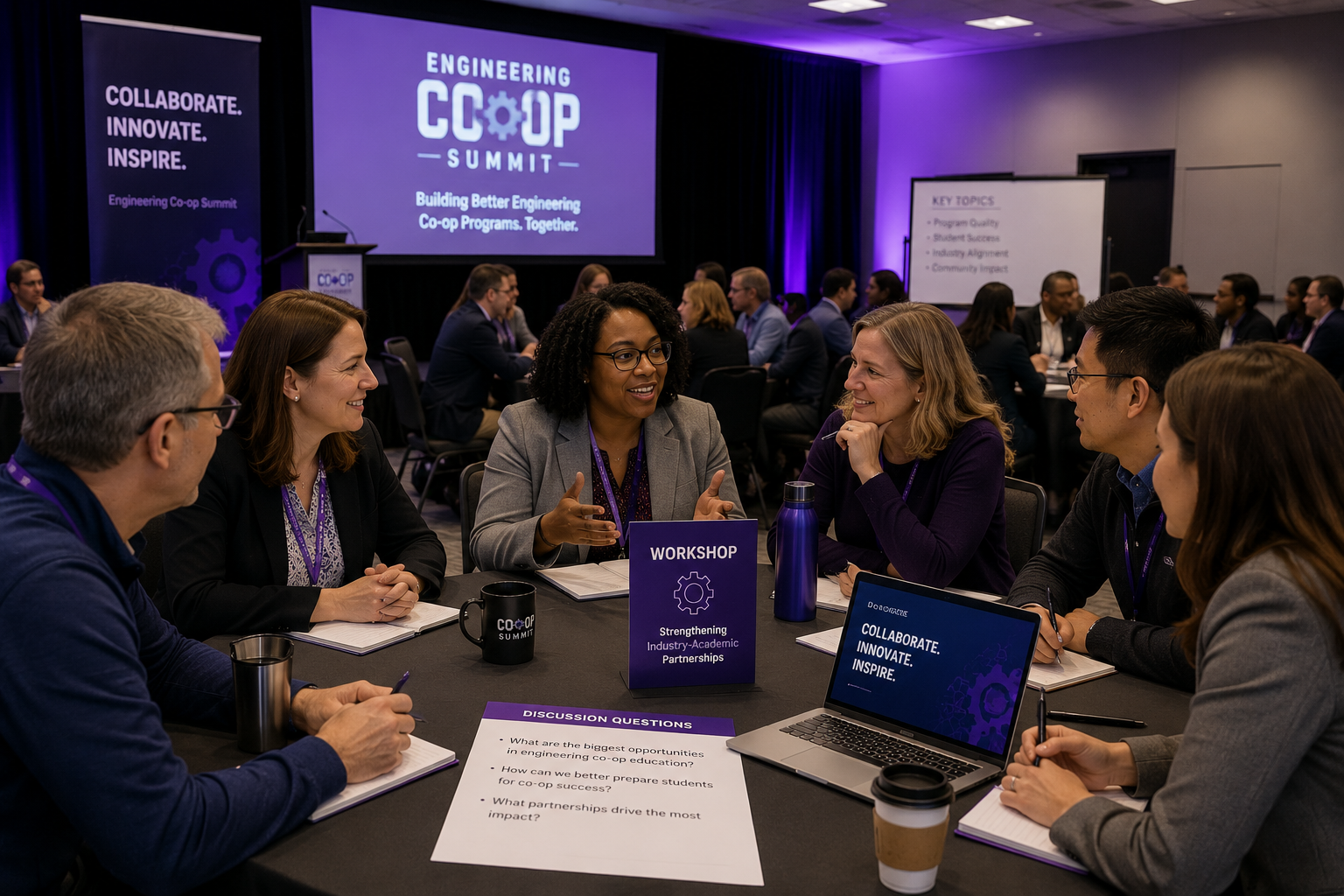 Group of people seated around a table engaged in conversation at the Engineering Co-op Summit, with presentation screens and banners in the background.