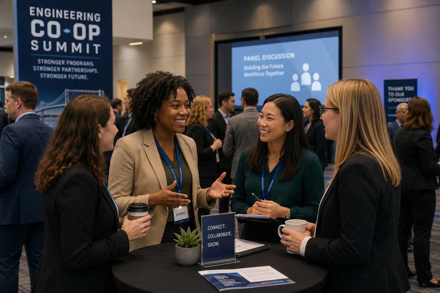 Four women engaged in conversation at the Engineering Co-op Summit, with a large blue banner and other attendees in the background.