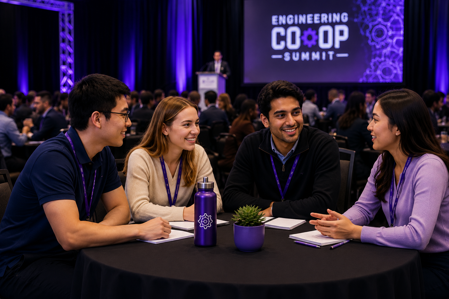 A group of four young professionals sitting at a conference table engaged in conversation during the Engineering CO-OP Summit.