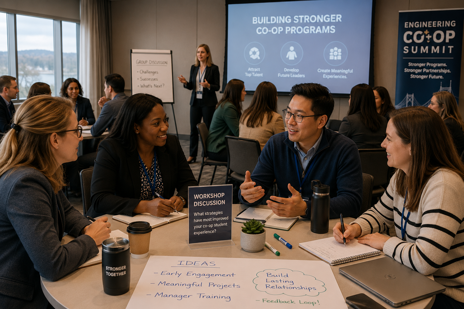 A diverse group of people participating in a workshop discussion. They are sitting around a table with notebooks, pens, coffee cups, and a small plant. In the background, a presenter is speaking in front of a screen that reads 'Building Stronger Co-op Programs,' with goals like attracting top talent, developing future leaders, and creating meaningful experiences. There are posters and banners related to engineering co-op summit.