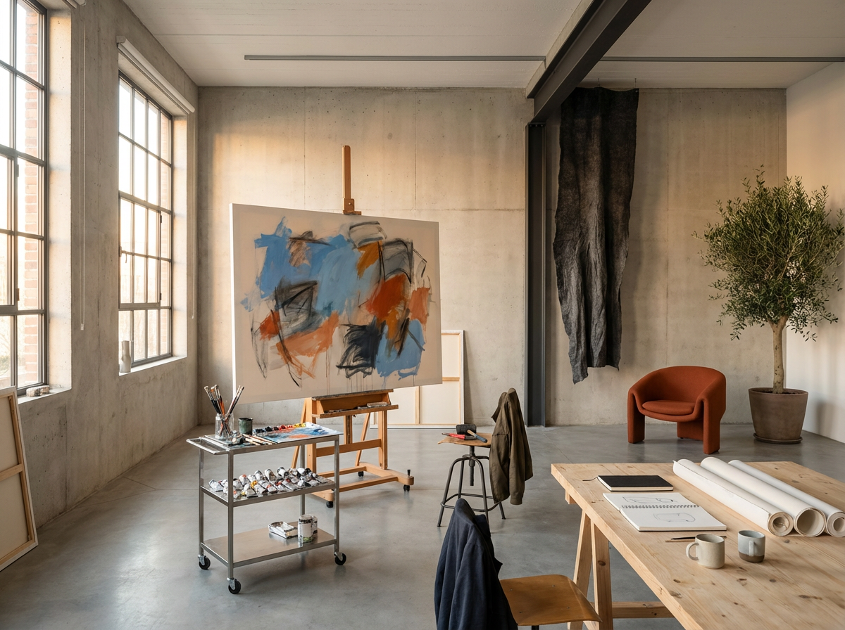 Art studio with a large abstract painting on an easel, a metal cart with paint supplies, a table with rolled-up papers and notebooks, a wooden table with cups, a brown chair, a potted tree, a red armchair, a black curtain, and large windows letting in natural light.