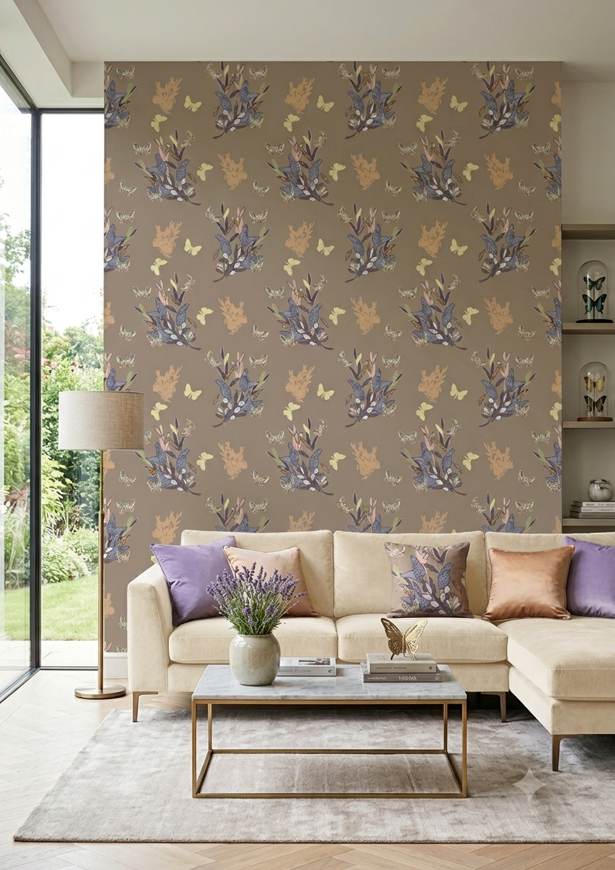 Living room with beige sofa decorated with purple and pink pillows, coffee table with lavender bouquet and butterfly decor, floral wallpaper with butterflies and foliage, large glass window showing greenery outside, built-in shelves with butterfly displays.