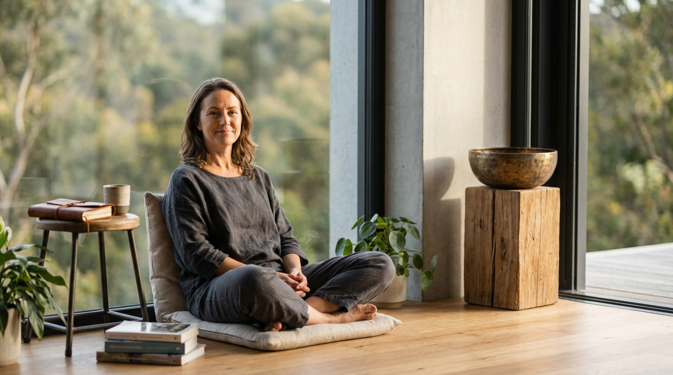 A woman sitting on a cushion on a wooden floor near large glass windows with a scenic outdoor view, surrounded by plants, books, and decorative items.