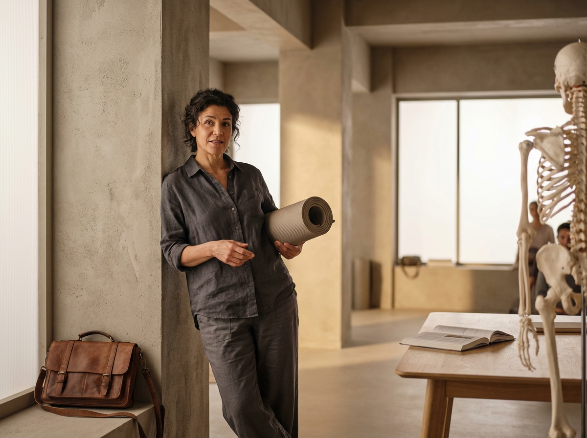 A woman with short dark curly hair, wearing a gray button-up shirt and matching pants, leaning against a concrete wall in a room with large windows. She holds a rolled-up yoga mat in her right hand. On a table in front of her, there is a skeleton model and an open book. A brown leather bag rests on a ledge nearby.