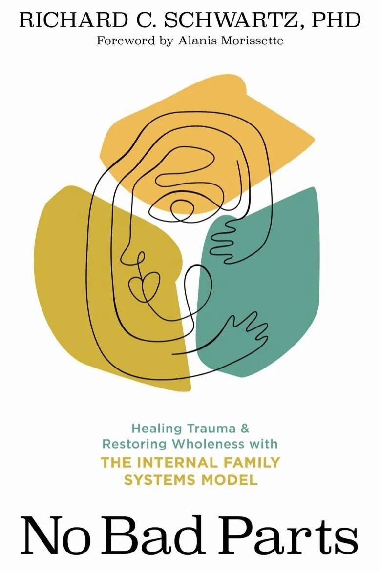 Book cover titled 'No Bad Parts' by Richard C. Schwartz, PhD, with a foreword by Alanis Morissette. The subtitle reads 'Healing Trauma & Restoring Wholeness with The Internal Family Systems Model'. The cover features an abstract line drawing of a fac