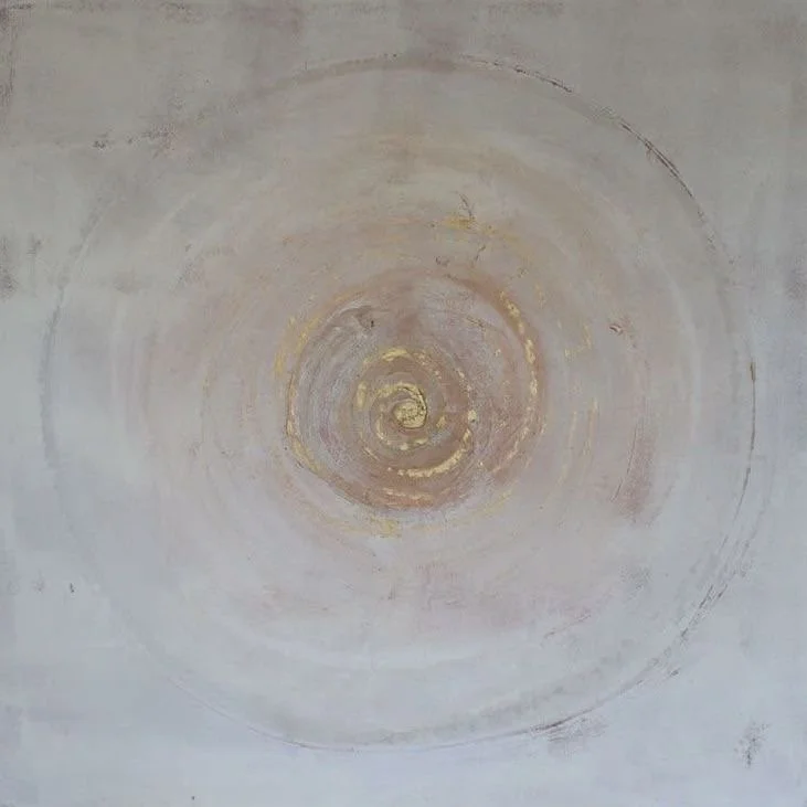 Abstract painting with a spiral design in muted earth tones and gold accents.