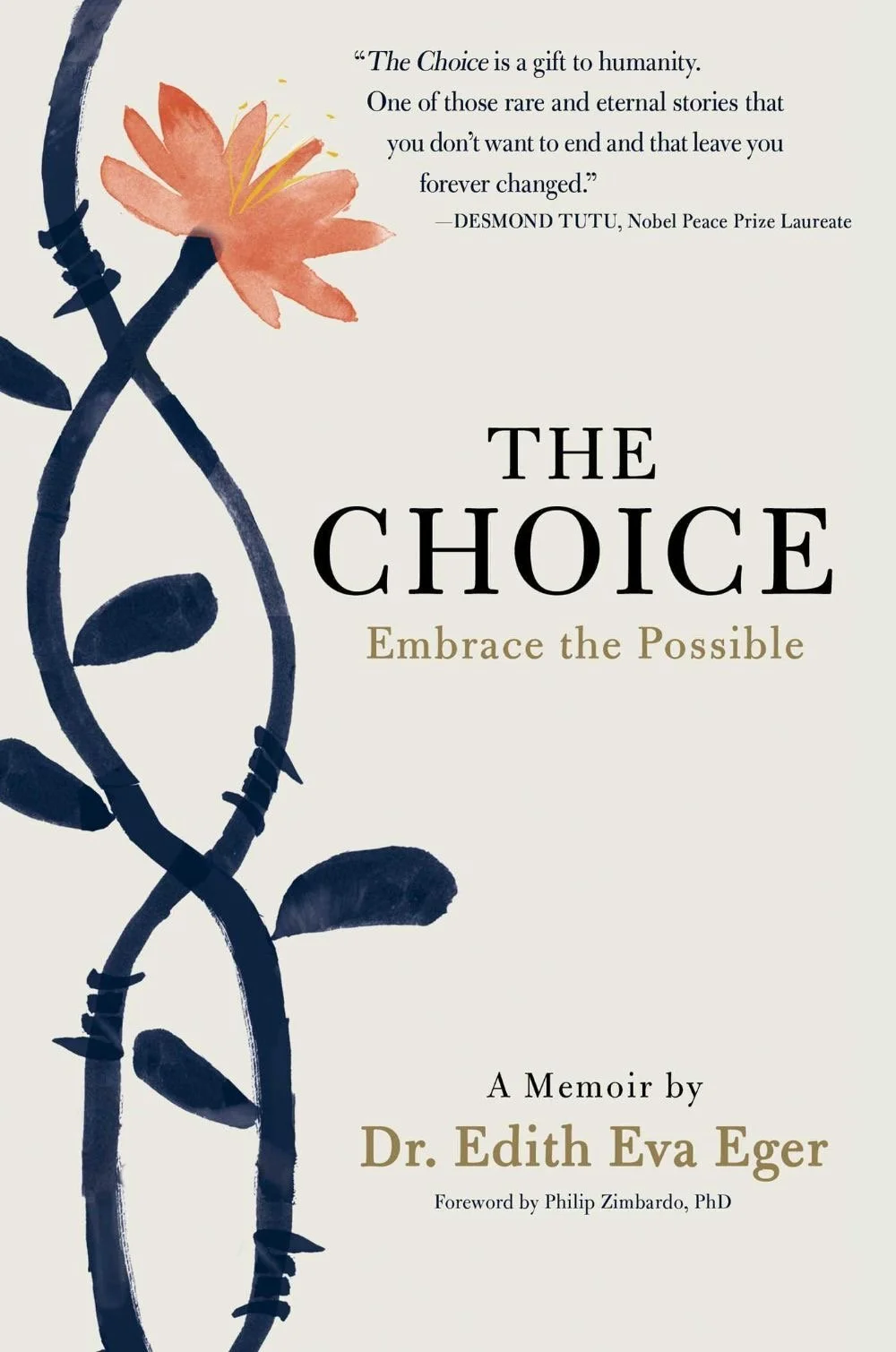 Book cover for 'The Choice' by Dr. Edith Eva Eger, featuring a watercolor flower and branch with a quote about the choice being a gift to humanity.