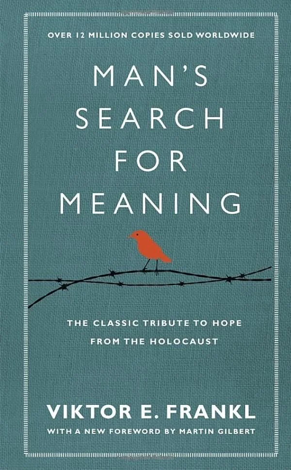 Book cover titled "Man's Search for Meaning" by Viktor E. Frankl, featuring a small orange bird perched on a black barbed wire against a textured teal background