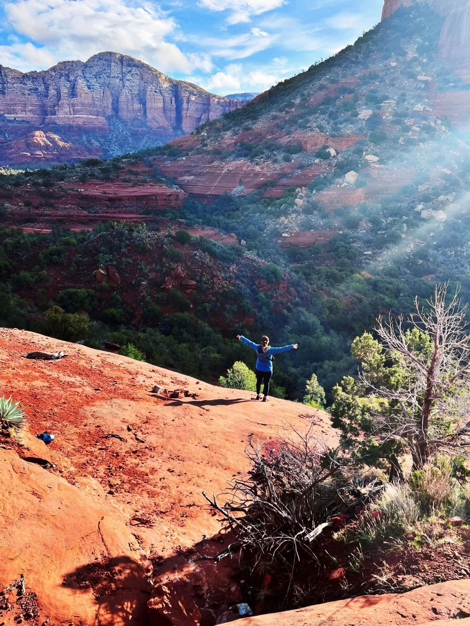 A person stands with arms outstretched on a red rocky ledge overlooking a canyon with layered cliffs and green vegetation, under a blue sky with clouds.
