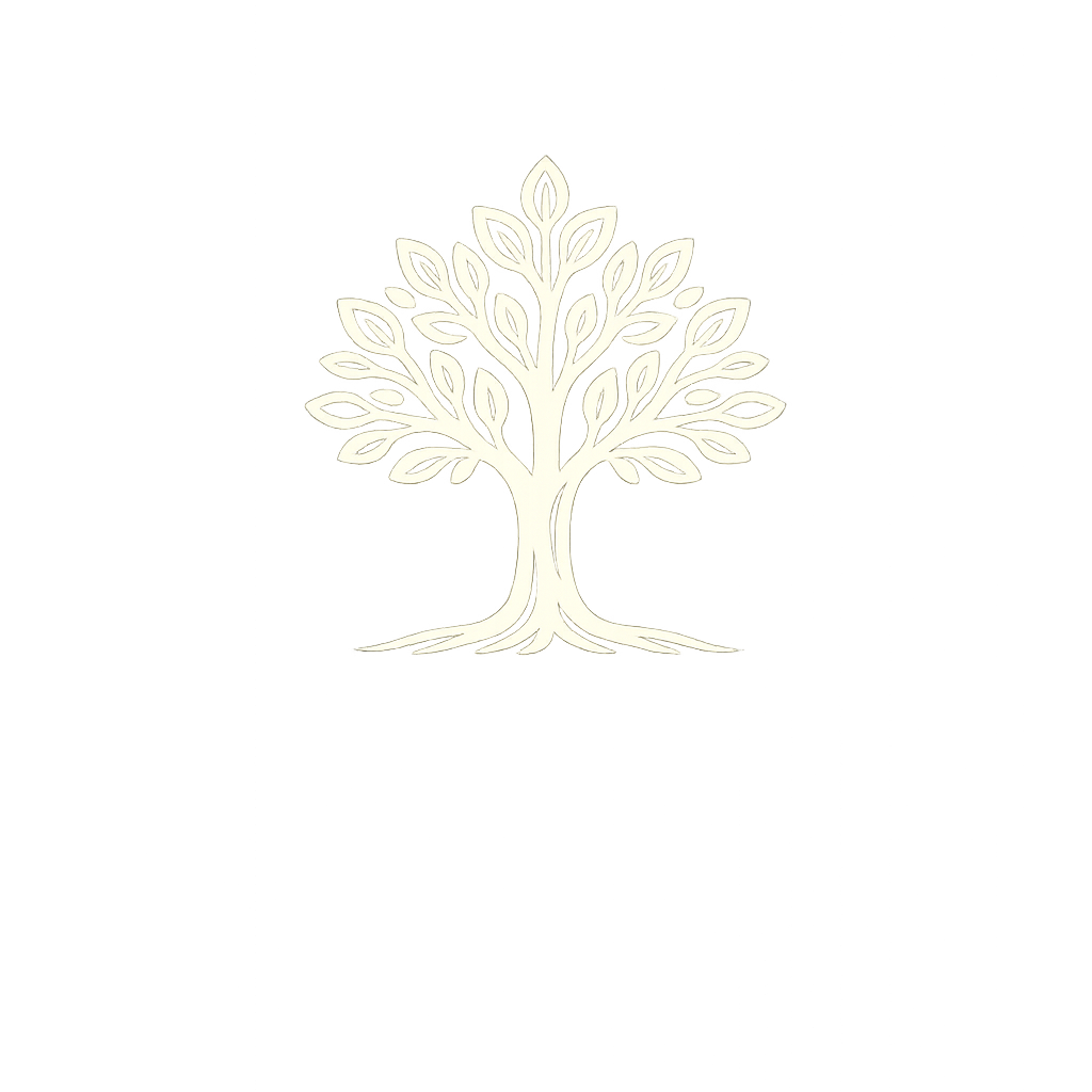 Stylized white tree icon with intricate branches on a black background.