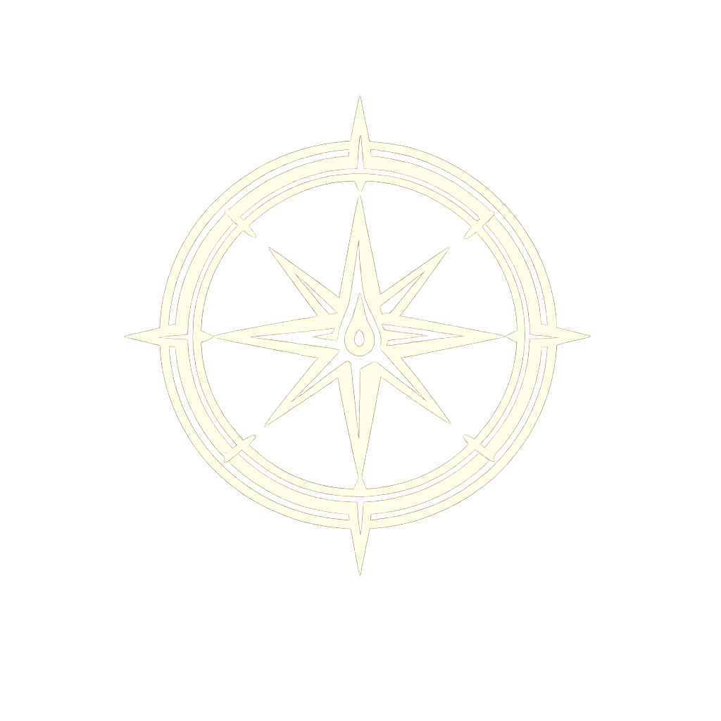 A white compass rose symbol on a black background.
