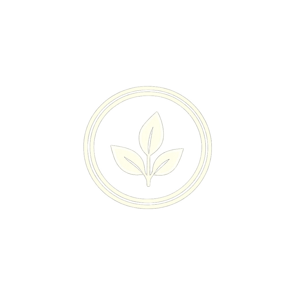 A black background with a white circular logo containing a stylized three-leaf plant in the center.