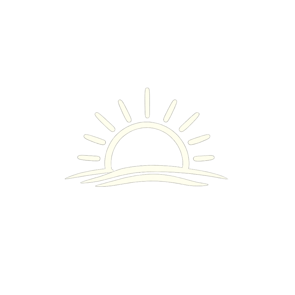 Simple illustration of a rising or setting sun over waves on a black background.