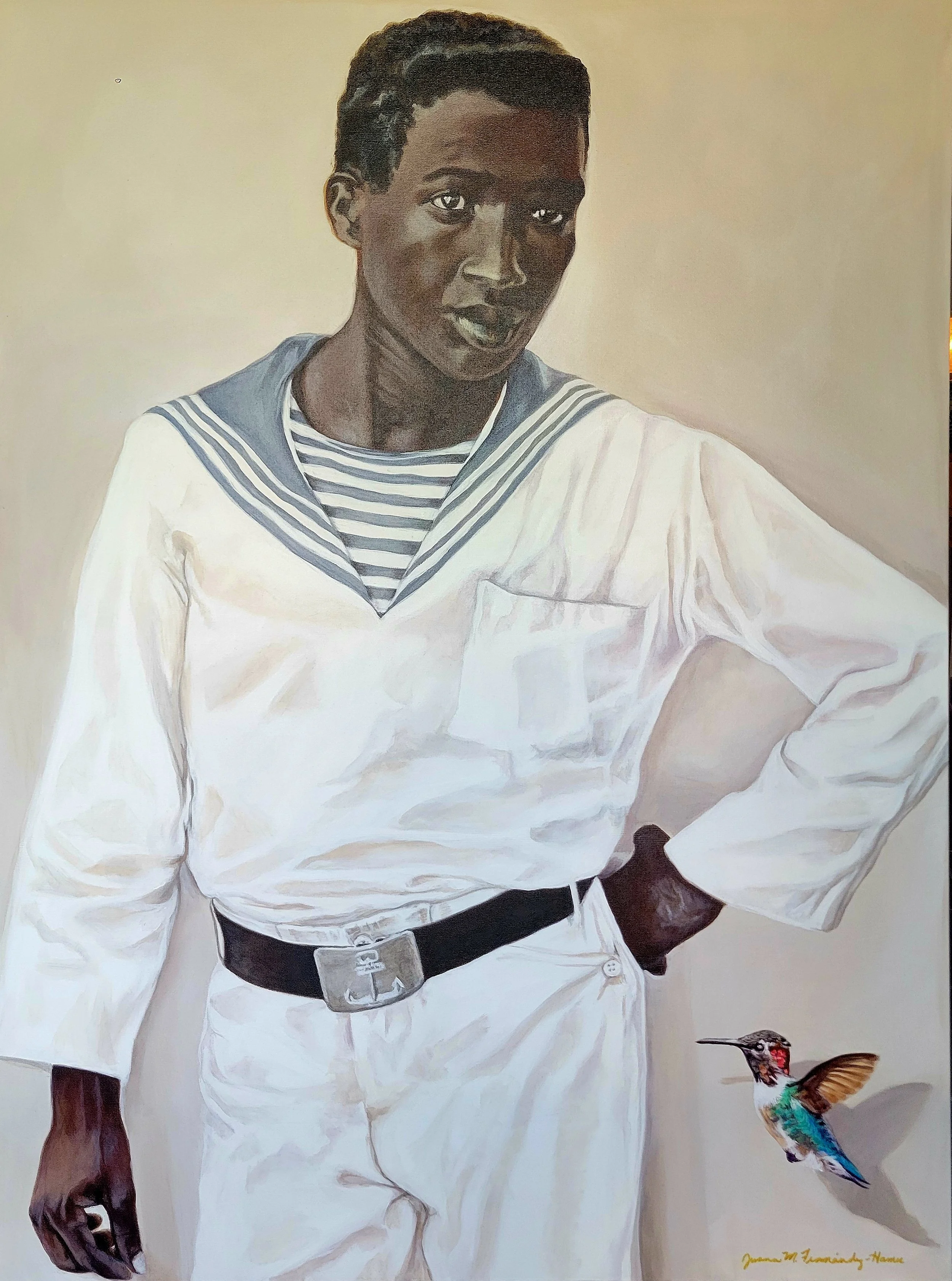 This piece was inspired by a photograph titled Havana, Cuba, 1968 by Shawn W. Walker, in the book TIMELESS by Kamoinge. I added the humming bird to add color interest and to pay homage to native birds to the island of Cuba, like the Bee Hummingbird.