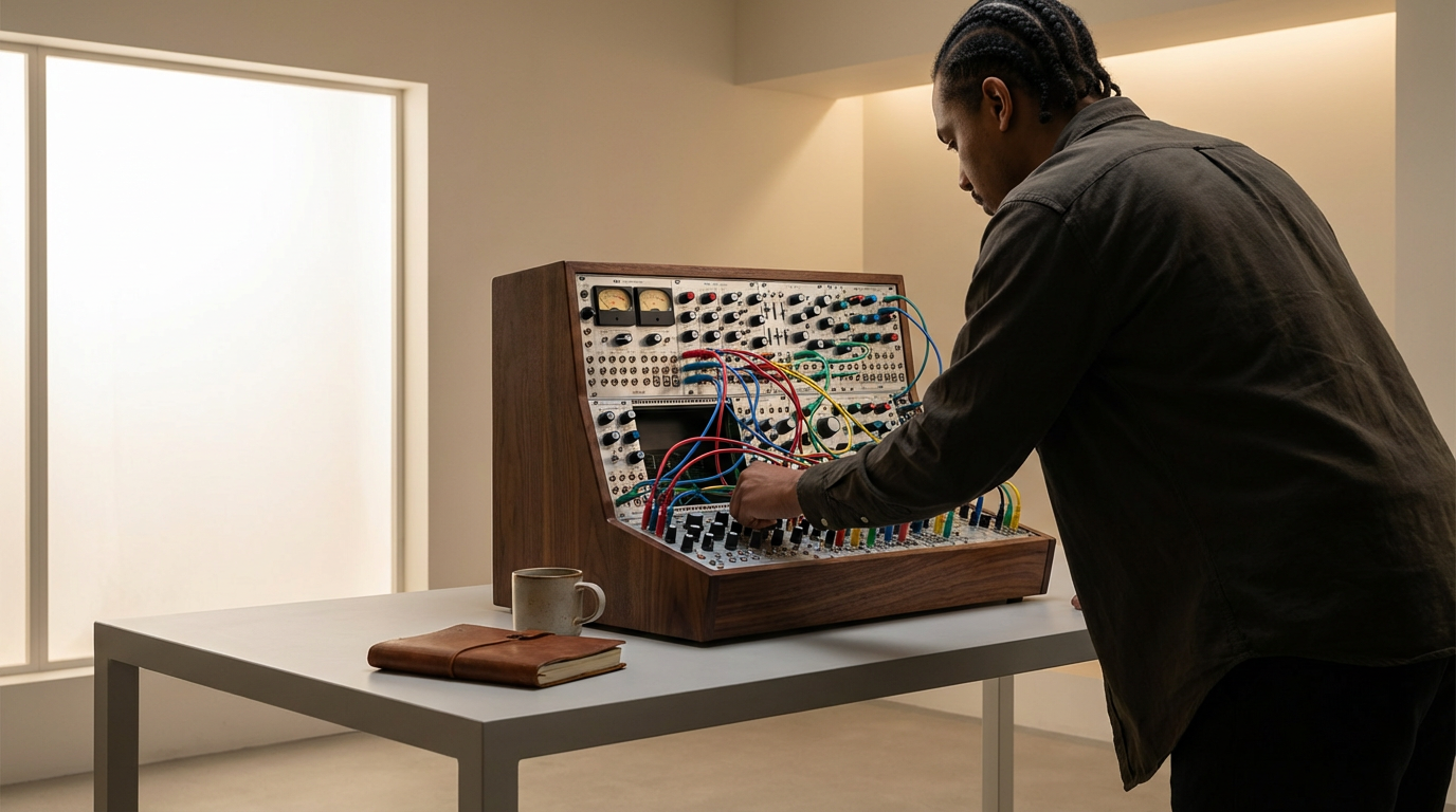A man with braided hair wearing a dark shirt adjusts a modular synthesizer on a table in a well-lit room, with a mug and a notebook nearby.