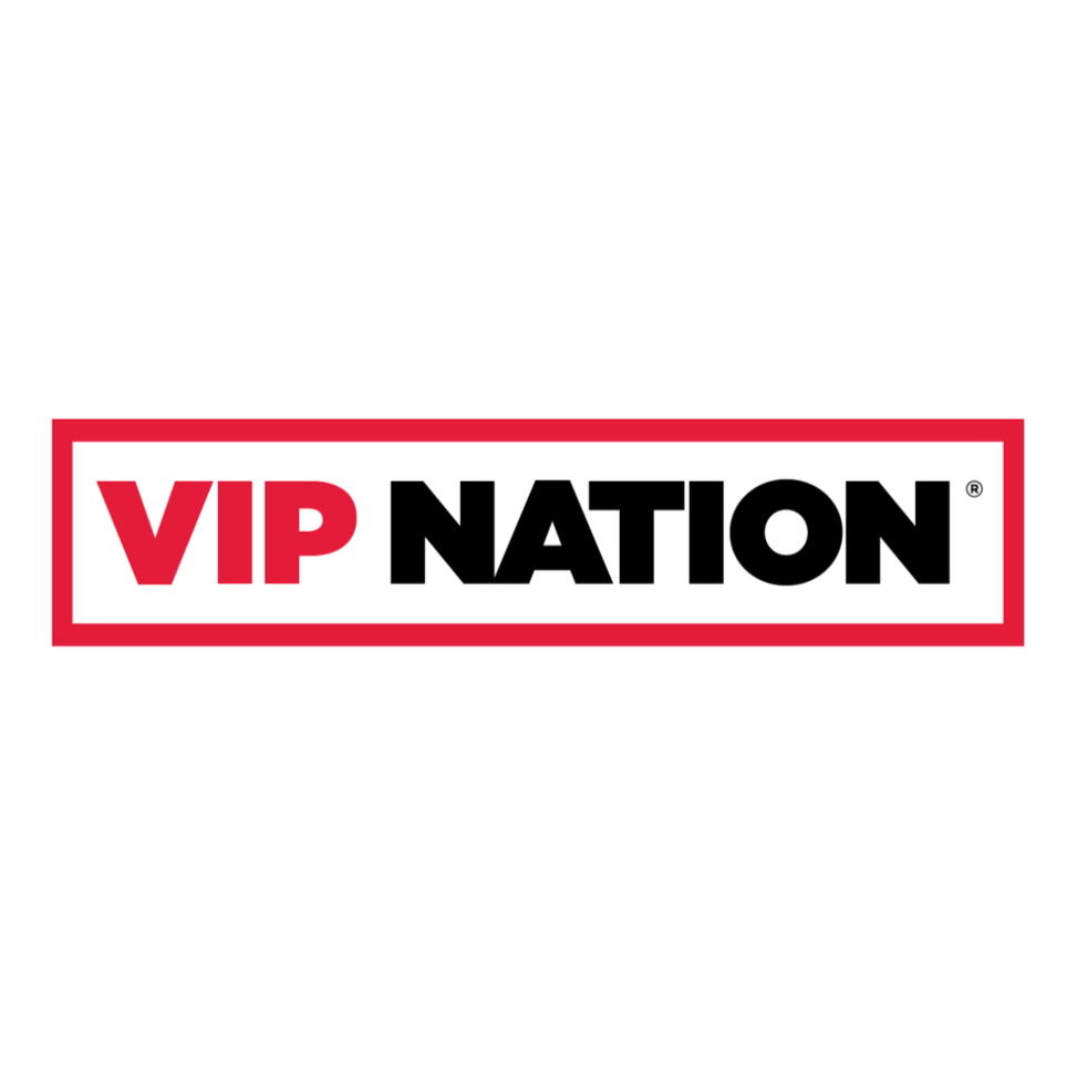 VIP NATION logo with red and black text inside a rectangular red border on a white background.