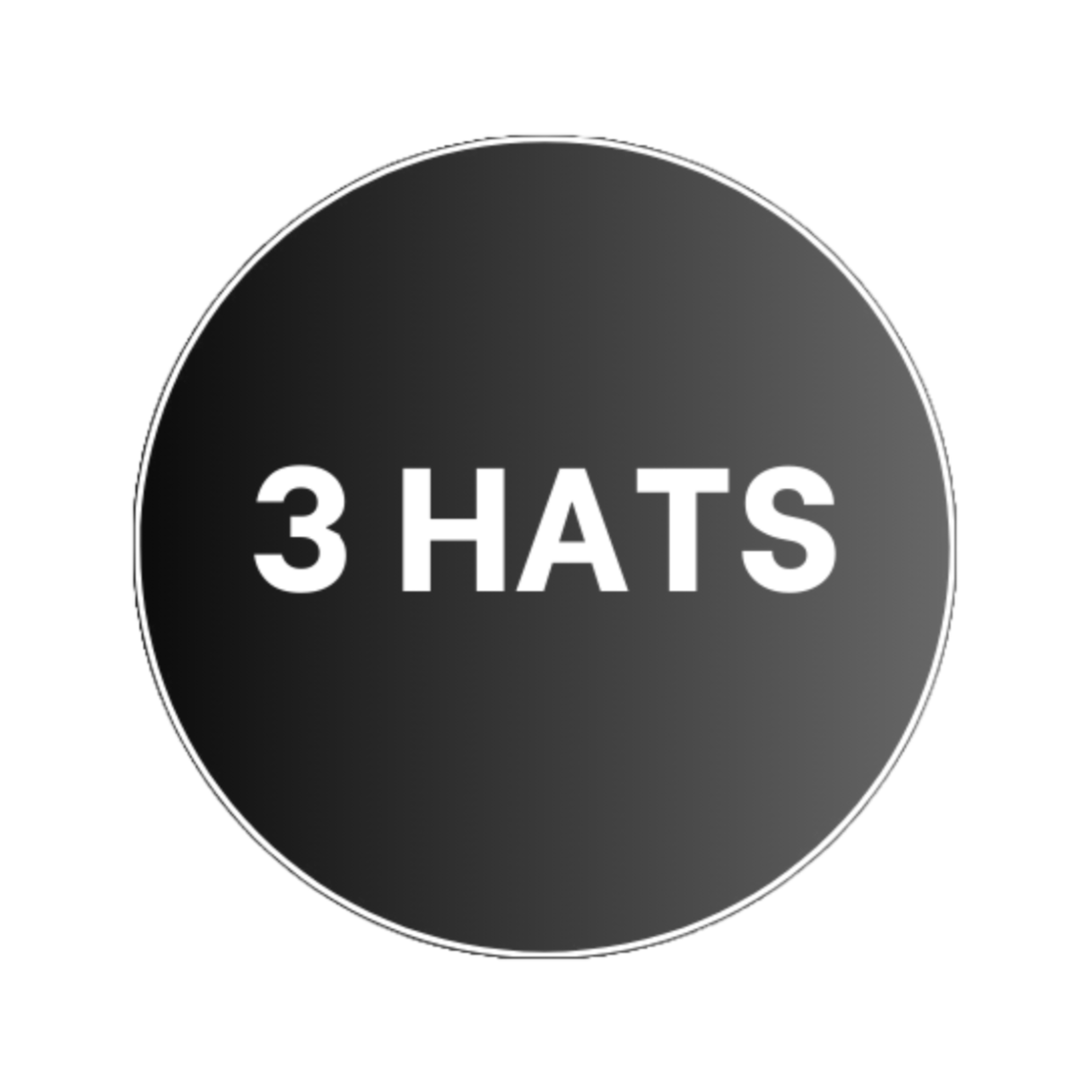 Black circular button with white text that reads "3 HATS".