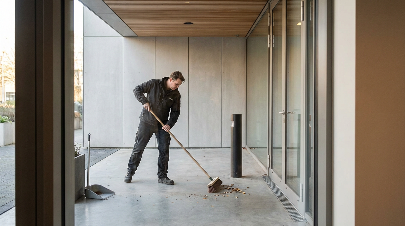 A man sweeping dirt off a porch outside a building with a broom.
