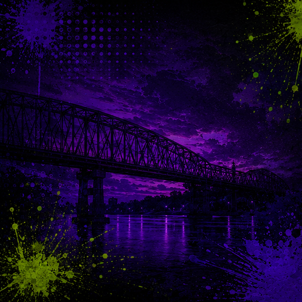 Silhouette of a bridge over water at night with a colorful, splattered paint background in purple and green.