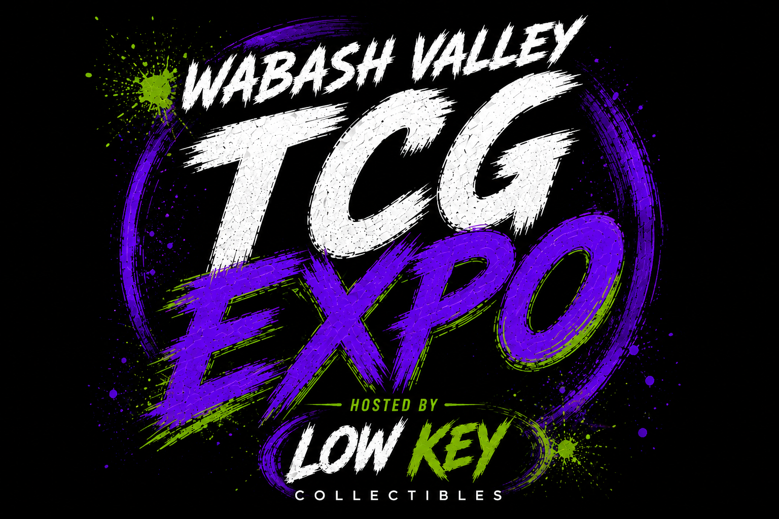 Event logo for Wabash Valley Tech Expo, hosted by Low Key Collectibles, with a black background, purple and white text, and green paint splatter accents.